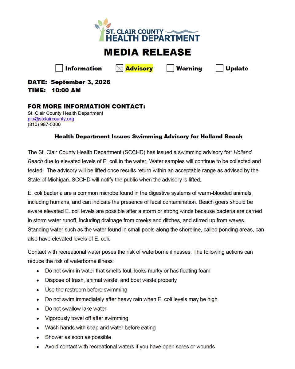 phrec's tweet photo. Holland Beach in Port Huron has tested positive for E. coli today, Sept. 3, 2026. Samples collected today are not in the acceptable water quality range set by the State of Michigan.  

For more info, please call the SCCHD Environmental Health Division at (810) 987-5306. https://t.co/HDCZZEQMW8
