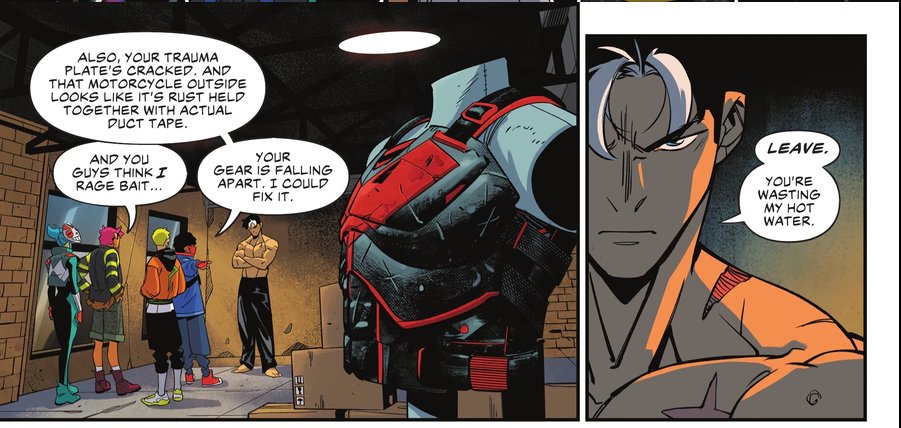 TTHypeTime's tweet photo. TEEN TITANS SPOILERS
.
.
.
.
.
Who the hell leaves the shower running to answer the door? What's wrong with him? https://t.co/lRAuAuSKlc