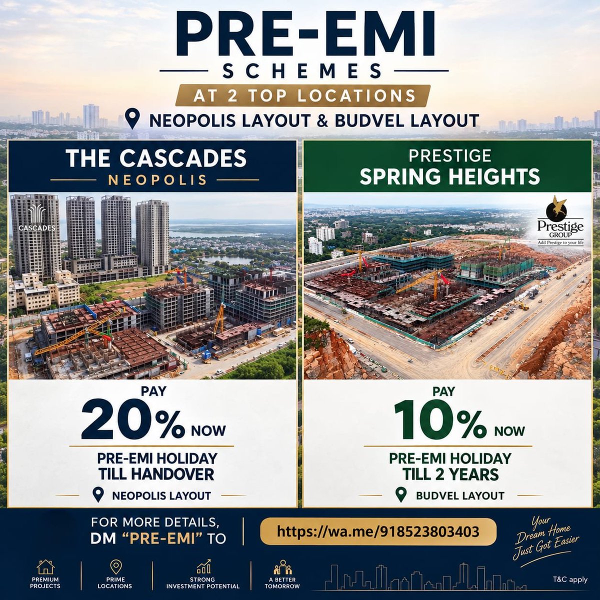 mtree_hyd's tweet photo. *PRE-EMI Holiday* schemes at 2 top locations Neopolis Layout & Budvel Layout from Trusted Premium Developers.

 *The Cascades* at Neopolis Layout  : Pay 20% Now & PRE-EMI Holiday till Handover

 *Prestige Spring Heights* at Budvel Layout : Pay 10% Now & PRE-EMI Holiday till 2 Years

 *T&C apply** 
 
For more details,DM "PRE-EMI" to https://t.co/ILfumCGsaL

#Neopolis #Budvel #TheCascadesNeopolis #PrestigeSpringHeights #HyderabadRealEstate