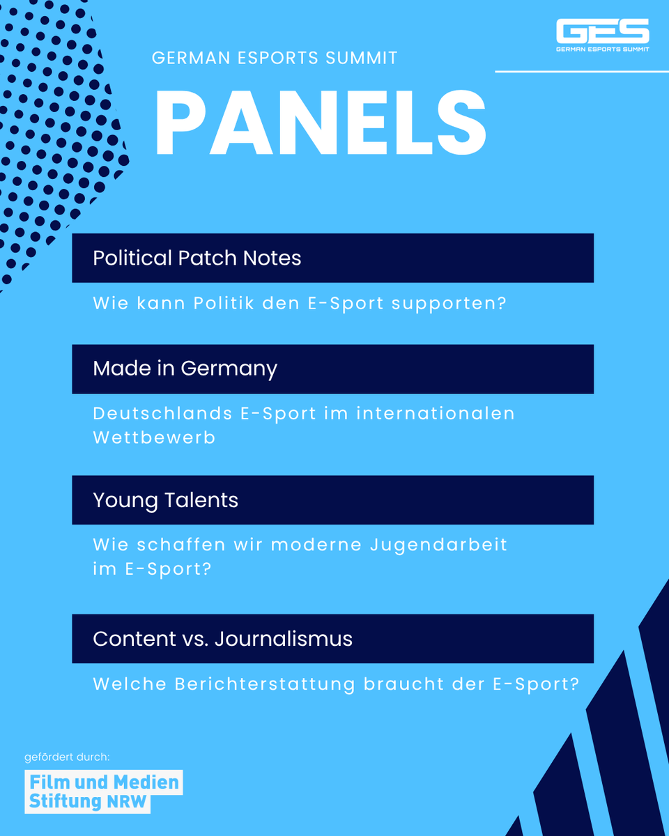 ESBD_Verband's tweet photo. 4 Panels. 4 Perspektiven auf den E-Sport von morgen.

Beim #GES2026 diskutieren wir über politische Rahmenbedingungen, Deutschlands Rolle im internationalen Wettbewerb, moderne Nachwuchsarbeit sowie die Zukunft der Berichterstattung im E-Sport.

Tickets: https://t.co/ikQjk77Rjl https://t.co/YgFPj7i0mz