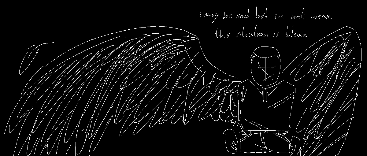 muckymorphineee's tweet photo. i like to draw mikhail with wings and sad lyrics #bridgemankindcollapse #bmc #madnesscombat https://t.co/4fvFM7MYqy