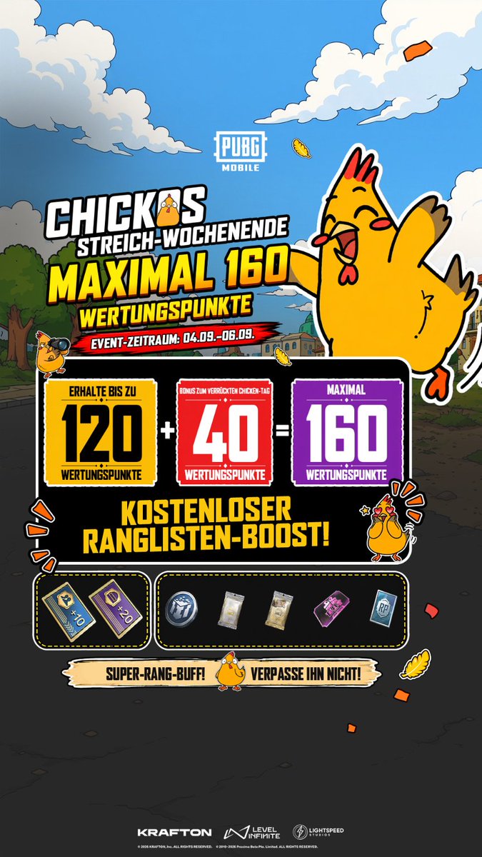PUBGM_DE's tweet photo. Vom 4. bis 6. September gibt es wieder einen FREE RANK PUSH!

Schnapp dir deine Freunde und sichere dir an Chickos Streich-Wochenende bis zu 160 zusätzliche Ranglistenpunkte 🔥

#PUBGMOBILE #ChickosPrankWeekend #FREERANKPUSH https://t.co/S6FlJQWiY9