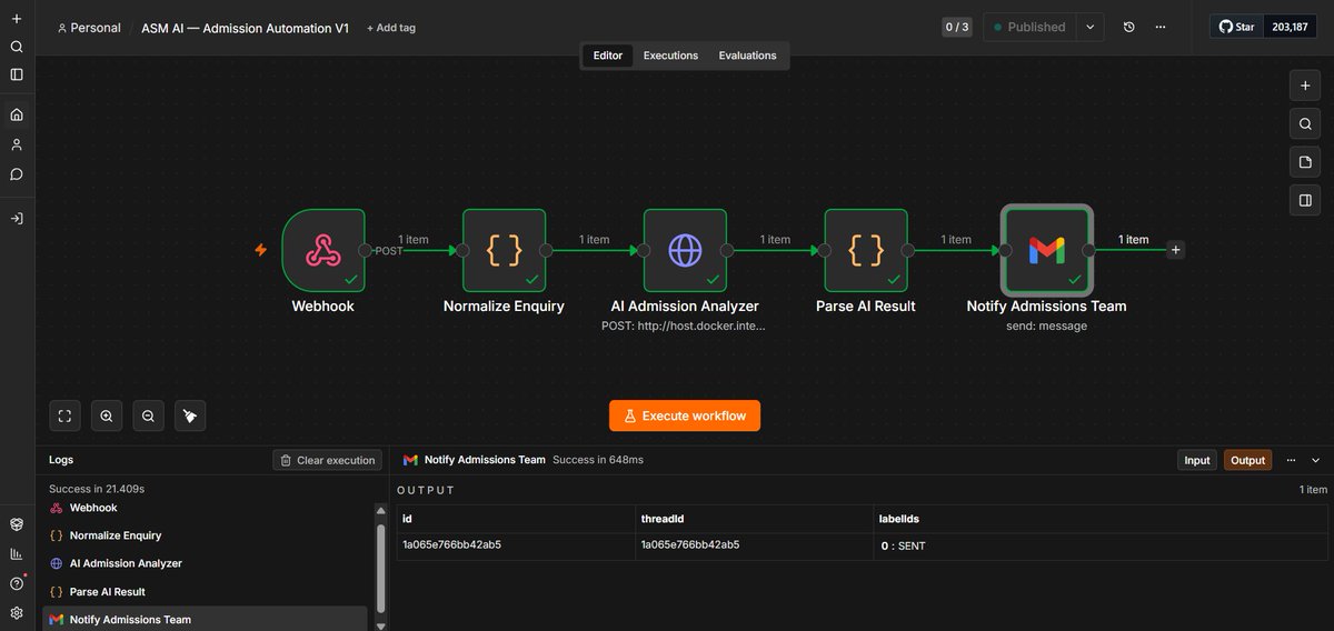 armaankhantech's tweet photo. 🚀 Day 48 — ASM AI V1 COMPLETE 🎓 
 I connected an AI-powered admission enquiry automation directly to the ASM CSIT website.
 A student submits an enquiry.  
Then the system handles the rest automatically.  
Here's what happens 🧵👇 https://t.co/PVKG7s4w3a