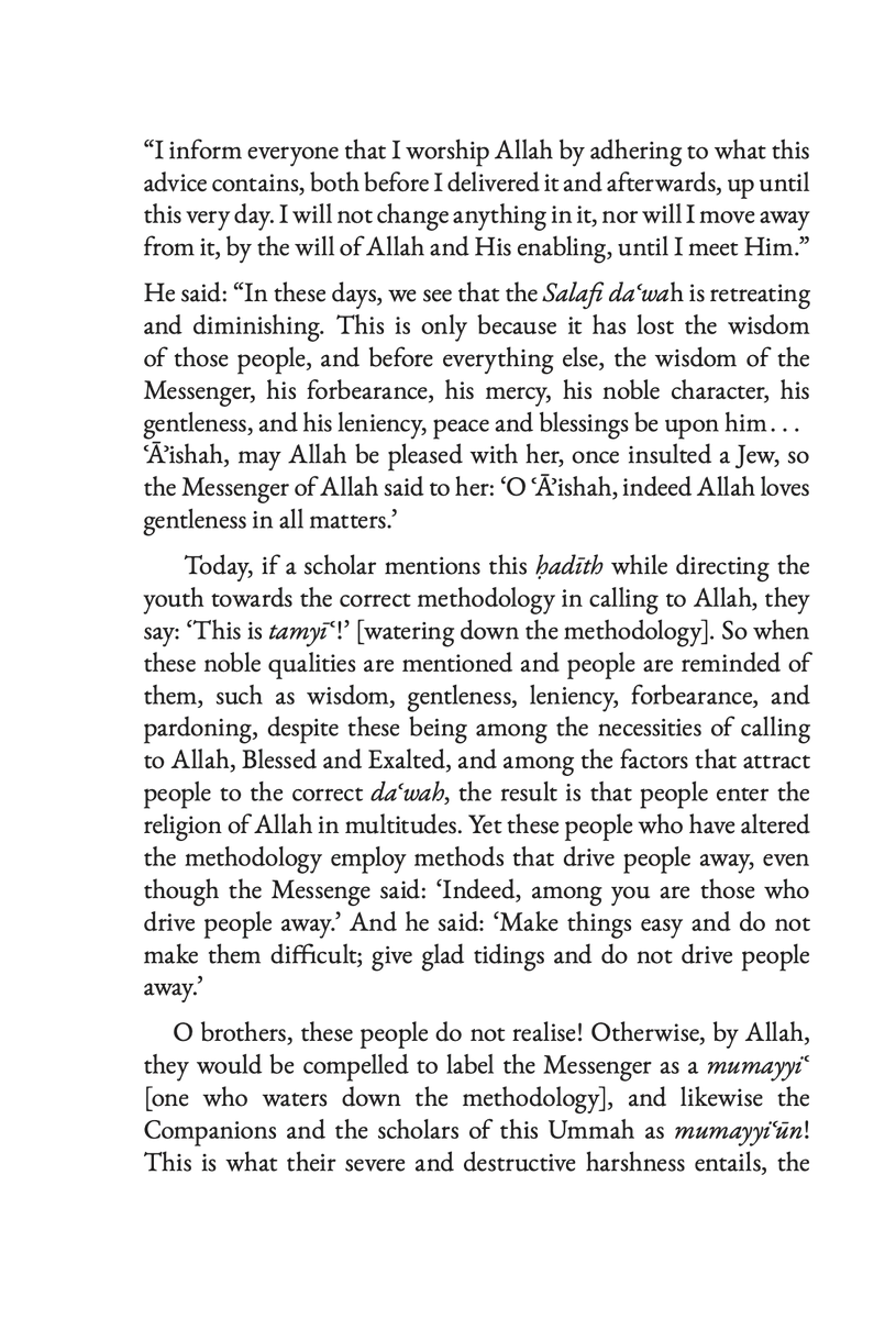DaarusSunnah's tweet photo. O brothers, these people do not realise! Otherwise, by Allah, they would be compelled to label the Messenger as a mumayyiʿ [one who waters down the methodology], and likewise the Companions and the scholars of this Ummah as mumayyiʿūn! 

This is what their severe and destructive harshness entails, the very harshness that has devastated the Salafi daʿwah. It would entail that the Messenger himself, who called to gentleness, wisdom, and leniency, be labelled a mumayyiʿ.

We seek Allah’s forgiveness!