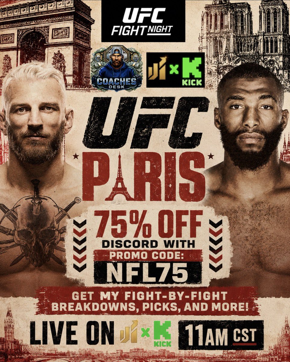 TheCoachesDesk's tweet photo. 🚨 #UFCParis IS HERE 🇫🇷🥊

I’ll be LIVE on Kick at 11AM CST breaking down the card fight-by-fight with picks, bets & more Saturday!

🔥 75% OFF THE DISCORD
🎟️ Promo Code: NFL75

📊 @LevelsPicks
📈 +98.66u w/ UFC over a year

Sign up link in the comments! Get in before the fights start! 👇