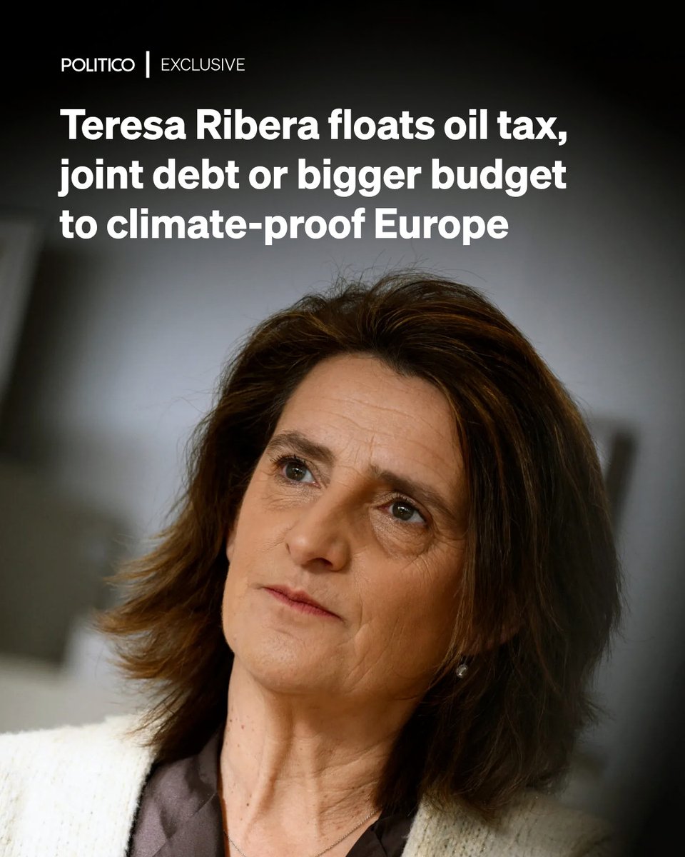 POLITICOEurope's tweet photo. EXCLUSIVE: The EU must start considering “audacious” proposals to afford the steep costs of coping with climate change, the European Commission's green transition chief Teresa Ribera told POLITICO.

🔗 https://t.co/3NYKeOPbAa https://t.co/DEfYl8e1Lw