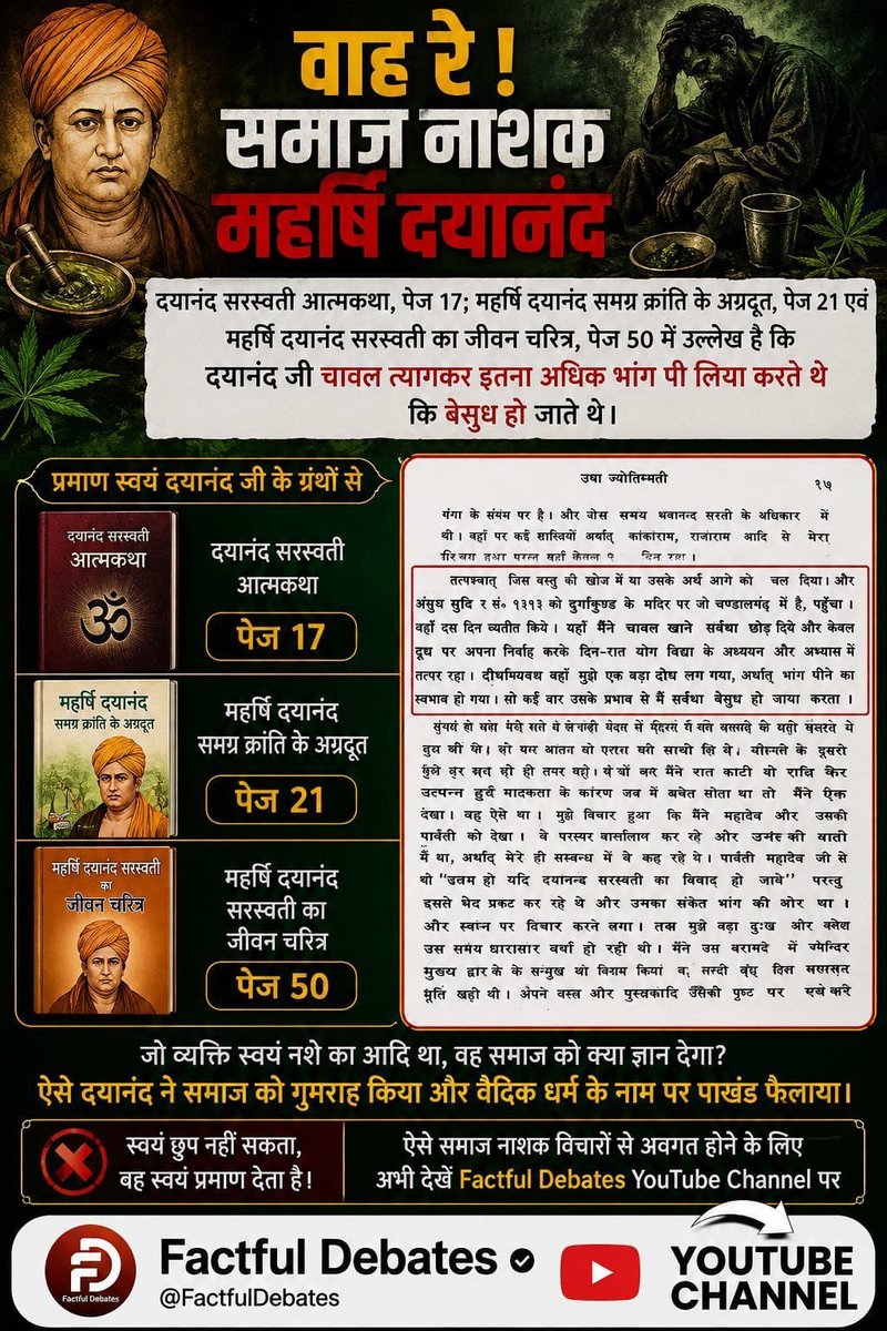 SumitGo27384865's tweet photo. #समाज_की_शत्रु_सत्यार्थप्रकाश
दयानंद सरस्वती आत्मकथा, पेज 17; महर्षि दयानंद समग्र क्रांति के अग्रदूत, पेज 21 एवं दयानंद सरस्वती का जीवन चरित्र, पेज 50 में उल्लेख है कि दयानंद जी चावल त्यागकर इतना अधिक भांग पी लिया करते थे कि बेसुध हो जाते थे।
Factful Debates YouTube Channel https://t.co/NjpK5bATAA