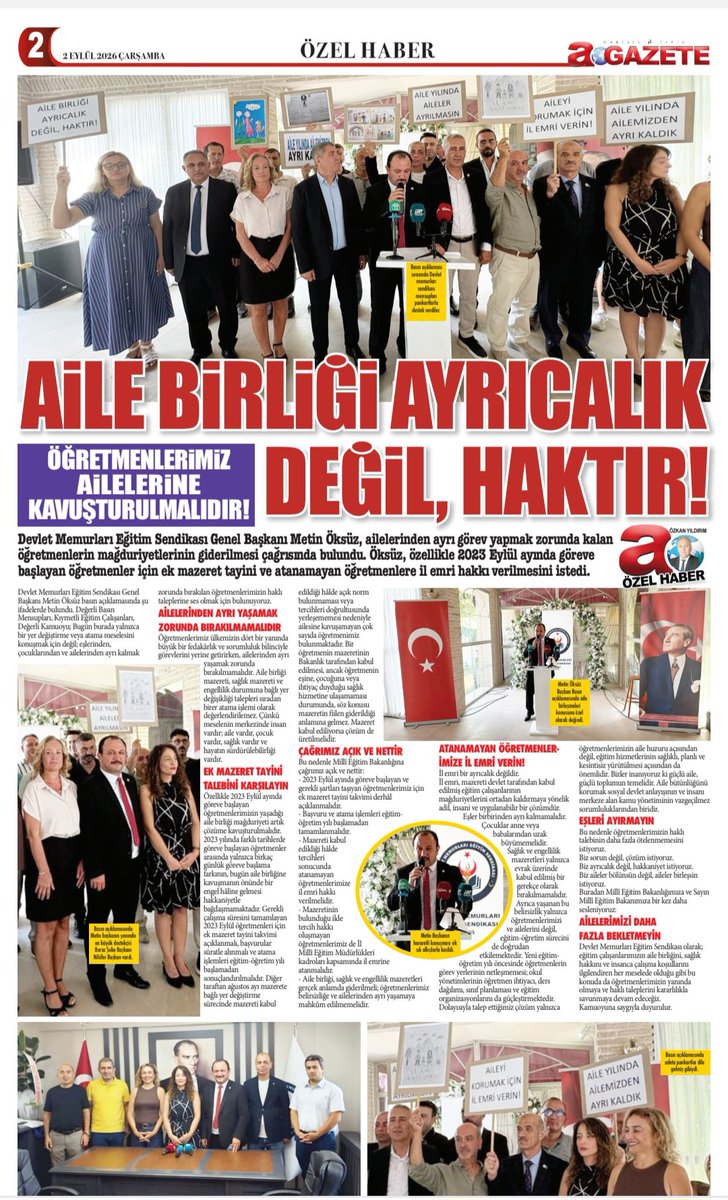 Metin_DEMEC_16's tweet photo. İL EMRİNİ VERİN, AİLELERİ DAHA FAZLA BEKLETMEYİN!

Artık sözün de bekleyişin de sonuna gelinmiştir. Öğretmenlerimizin sabrı tükenmiştir.

Mazereti kabul edildiği hâlde ailesinden ayrı bırakılan öğretmenlerimize yeni bir takvim, yeni bir belirsizlik değil; çözüm gerekmektedir.

Aile birliği bir ayrıcalık değil, anayasal bir haktır. Mazereti kabul etmek yetmez; o mazereti fiilen ortadan kaldırmak gerekir.

Millî Eğitim Bakanlığına çağrımız nettir:

İL EMRİNİ VERİN!
AİLELERİ KAVUŞTURUN!
BU MAĞDURİYETİ ARTIK BİTİRİN!

Devlet Memurları Eğitim Sendikası olarak öğretmenlerimizin haklı talebinin yanındayız. Çözüm sağlanıncaya kadar seslerini duyurmaya ve mücadelemizi kararlılıkla sürdürmeye devam edeceğiz.

@demecegitimsen 
@tcmeb 
@Yusuf__Tekin 
@cftcblnt 
@2026ilemri
