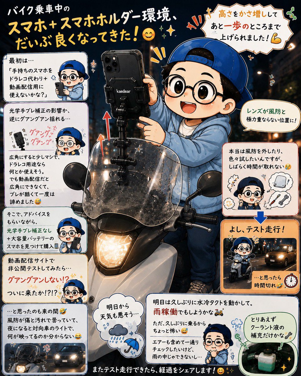 manjyu35's tweet photo. バイク乗車中に使う
スマホ＋スマホホルダー環境、

だいぶ良くなってきました😁

最初は、

「手持ちのスマホを
ドライブレコーダー代わり＋動画配信用に使えないかな？」

と思って試したんですが…

光学手ブレ補正の影響なのか、
逆にグアングアン揺れる😂

広角にすると少しマシで、
ドラレコ用途なら何とか使えそう。

でも動画配信だと広角にできなくて、
ブレが酷くて一度は諦めました😅

そんな中、

色々アドバイスをもらいながら、
光学手ブレ補正なし＋大容量バッテリーのスマホを見つけて購入📱

動画配信サイトで非公開テストしてみたら…

グアングアンしない⁉️

「ついに来たか⁉️⁉️」

と思ったのも束の間🤣

今度はバイクの風防が
傷と汚れで曇っていて、

夜になると対向車のライトで
何が映ってるのか分からない😂

本当は風防を外したり、
色々試したいんですが、

しばらく時間が取れそうにないので、

スマホホルダーの高さをかさ増しして、
レンズが風防と極力重ならない位置まで
あと一歩のところまで上げられました💪

よし、テスト走行！

…と思ったら時間切れ🤣

明日から天気も悪そうなので、
しばらく試せないかな☔

明日は久しぶりに水冷タクトを動かして、
雨稼働でもしようかな🛵

…と思ったけど、
久しぶりに乗るからちょっと怖い😂

エアーも含めて一通りチェックしたいけど、
雨の中じゃできないし…

明日はとりあえず
クーラント液の補充だけかな🔧🤣