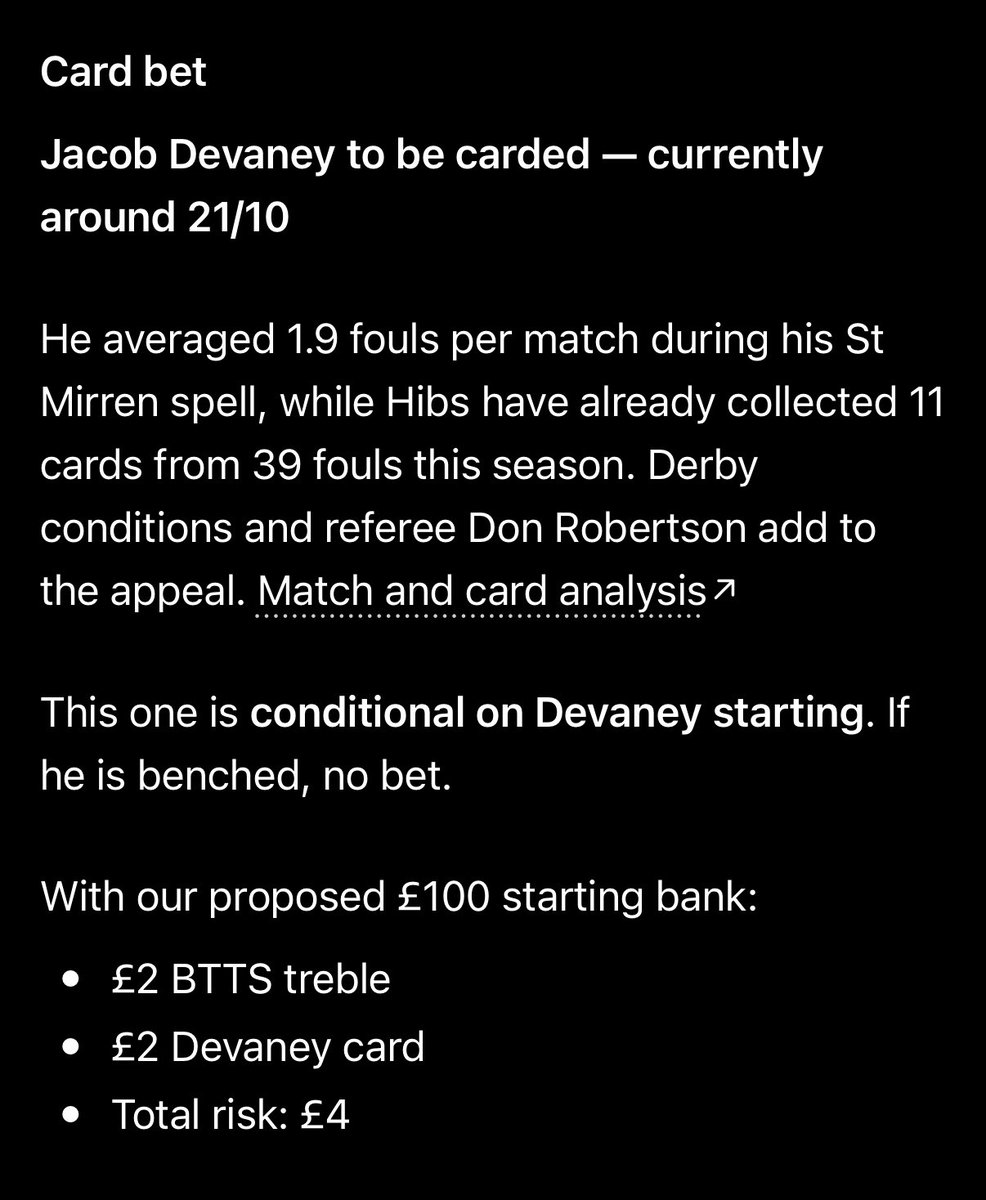 Prompttopunt's tweet photo. 🟨 DAY 1 — BET #2

ChatGPT’s card pick for Hibs v Hearts:

Jacob Devaney to be booked
£2 at 2/1 → £6 return

The AI likes his foul rate, Hibs’ card record and the intensity of the Edinburgh derby.

£100 starting bankroll 🤖

18+ | Gamble responsibly https://t.co/AzQfNGt0NP