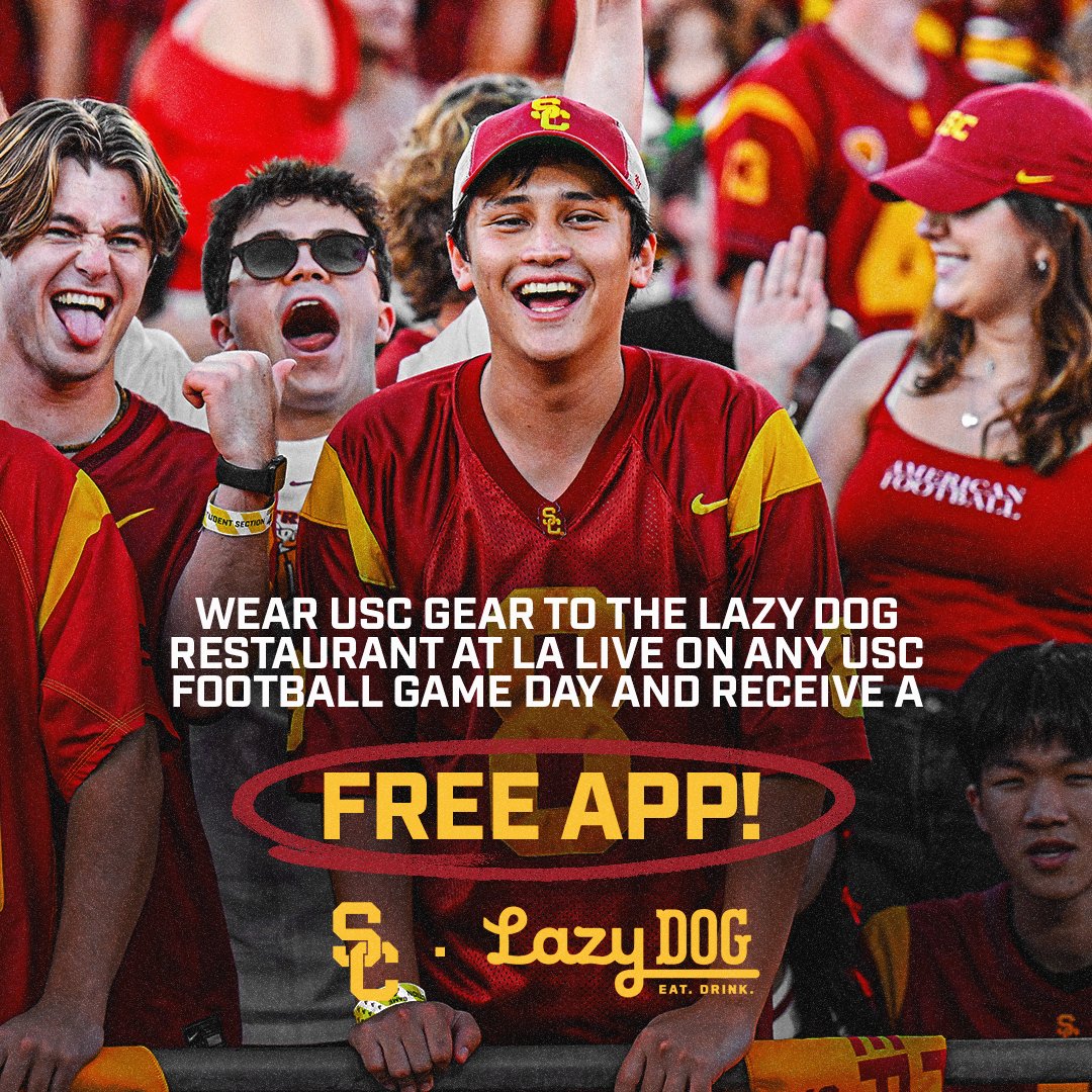USC_Athletics's tweet photo. On any @uscfb game day this season, wear USC gear to the Lazy Dog Restaurant at LA Live and your party will receive a free app to enjoy ✌️ https://t.co/aZKWGkJm44