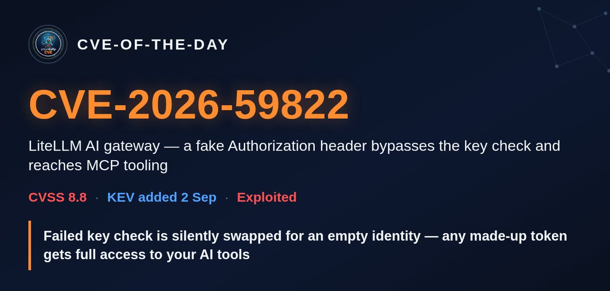 YourDailyCVE's tweet photo. 🚨 CVE-2026-59822 — LiteLLM. A fake Authorization header walks straight past the login. Disclosed Jul 8.

What broke: LiteLLM is the bouncer that checks API keys before requests reach your AI tools. When key validation fails, it is supposed to say no. Instead, a fallback path meant for OAuth2 passthrough quietly swaps the failed key for an empty identity and waves the request through. An attacker just makes up an Authorization header — any string — and reaches MCP tooling with no valid key at all.

Who should care: anyone running LiteLLM (the open-source LLM proxy / AI gateway) below version 1.84.0 with the MCP Streamable HTTP endpoint enabled. If your company routes AI traffic through LiteLLM, that is you.

Why that matters: MCP tools are where the AI touches real things — databases, files, internal APIs, code execution. Walking past the bouncer means a stranger on the internet can call those tools through your gateway, read what they return, and burn your model credits doing it. Confirmed impact: high confidentiality hit, some integrity hit.

Status: public since July 8, fix shipped same day in 1.84.0. CVSS 4.0 score 8.8 (High). Exploit likelihood scored low (EPSS <1%), though at least one tracker flags it as exploited. Not on CISA KEV as of Sep 3. Intelligence still being updated as of yesterday.

Fix today: upgrade LiteLLM to 1.84.0 or later. Advisory GHSA via BerriAI/litellm.

Can't patch: block or disable the MCP Streamable HTTP endpoint at the proxy/WAF until you can upgrade. If the box was internet-facing, rotate every API key and secret the gateway holds — a bypass means they may already be gone.

Source: GitHub Security Advisory (BerriAI/litellm) / NVD CVE-2026-59822
#LiteLLM #AISecurity #MCP