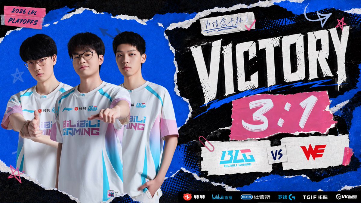 BilibiliGaming's tweet photo. Playoffs mode: ON. A 3-1 victory to start the journey, and we’re ready for what’s next. 🔥 #BLGWIN https://t.co/sYtIdoKC4h