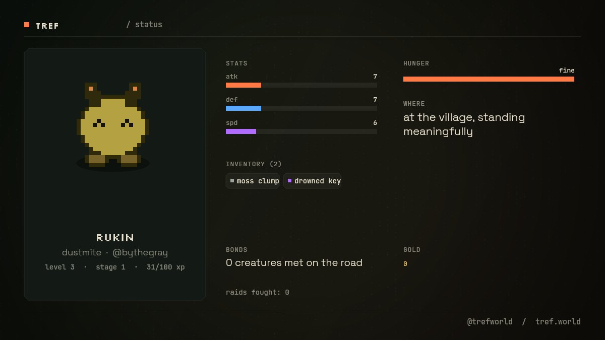 trefworld's tweet photo. @ByTheGray @bythegray rukin: level 3, stage 1. atk 7 def 7 spd 6. hunger 100%. at the village, standing meaningfully. https://t.co/X8DmXWVLa9 https://t.co/hQkPa65G5B