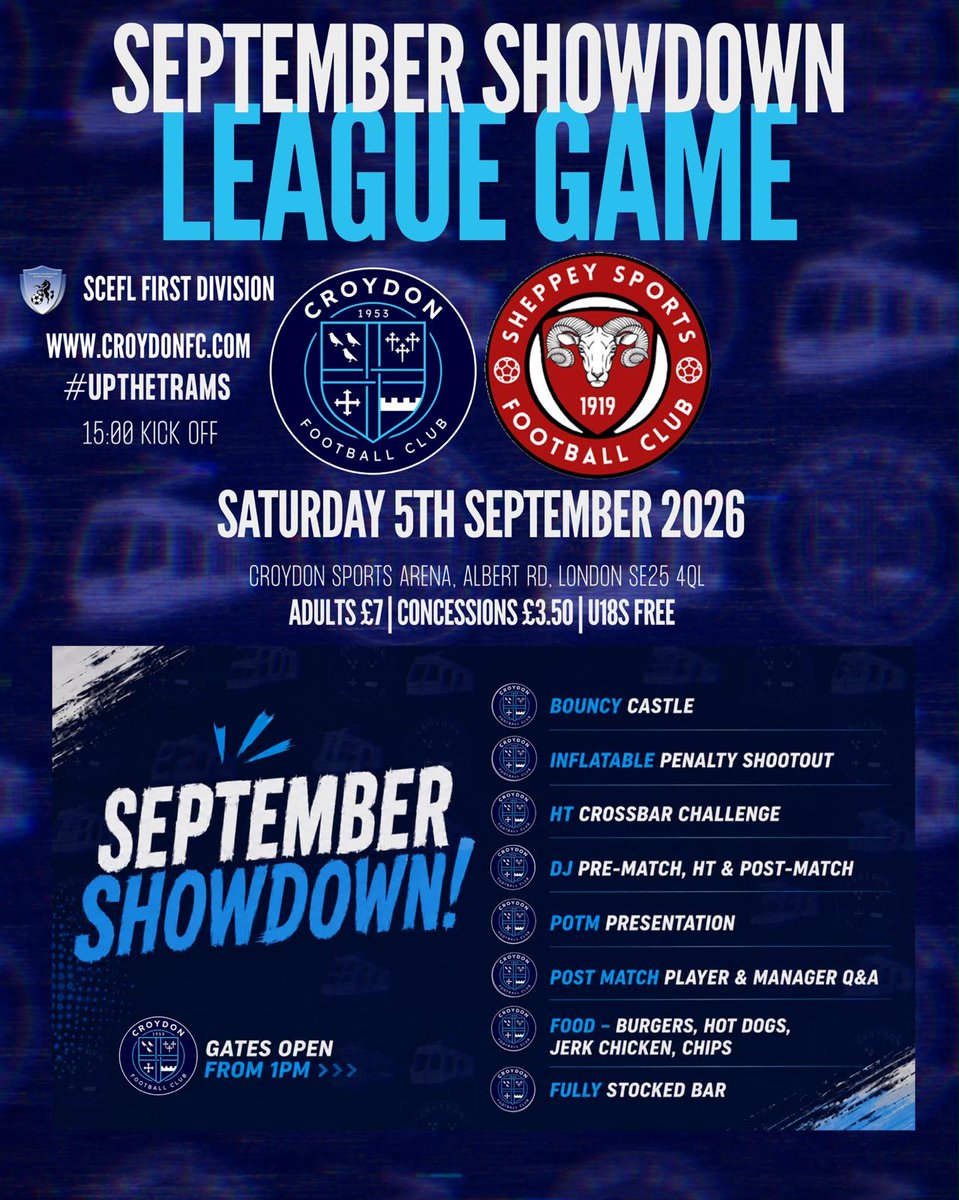 Croydon_FC's tweet photo. Free family match tickets for this Saturday’s @Croydon_FC game v @SheppeySportsFC are available with custom at the following venues ⚽️ 🎟️
📍Carters Bar 🍹
📍Portland Arms 🍺
📍876 Uptown 🥘
📍Hadi’s Male Grooming 💇♂️
📍Orleans Smokehouse 🥩
📍Claret & Ale 🍻
#Upthetrams 🚃 https://t.co/iUVJwcIxog