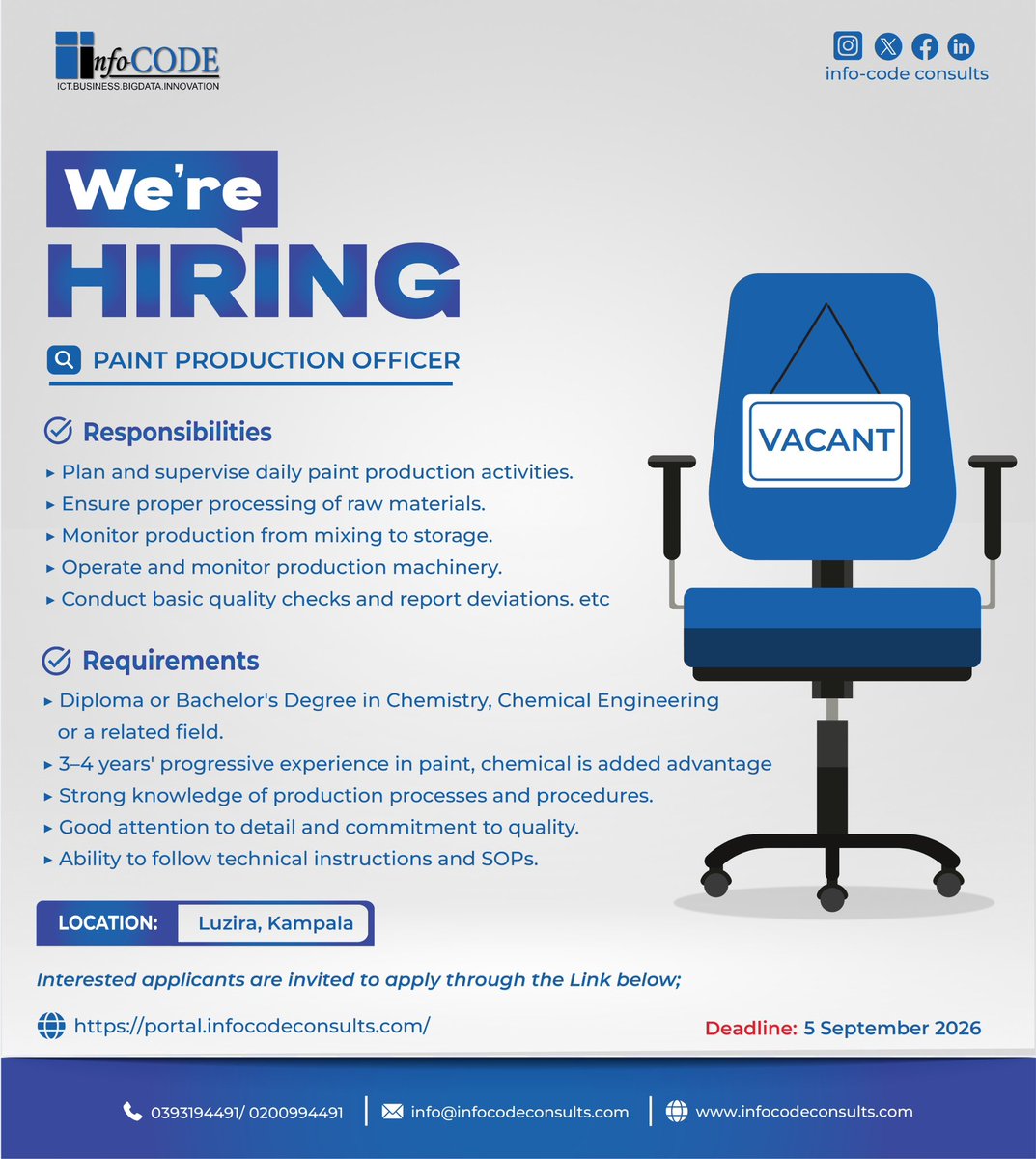 ConsultsCode's tweet photo. 📢 We’re Hiring: Paint Production Officer

Join our Production team in Luzira, Kampala and help coordinate paint manufacturing, production processes, quality control, and safe operations.

📅 Deadline: 5 Sept 2026
📍 Luzira, Kampala
🔗 Apply: https://t.co/BJvbam5GzM https://t.co/iw8msM9fOM