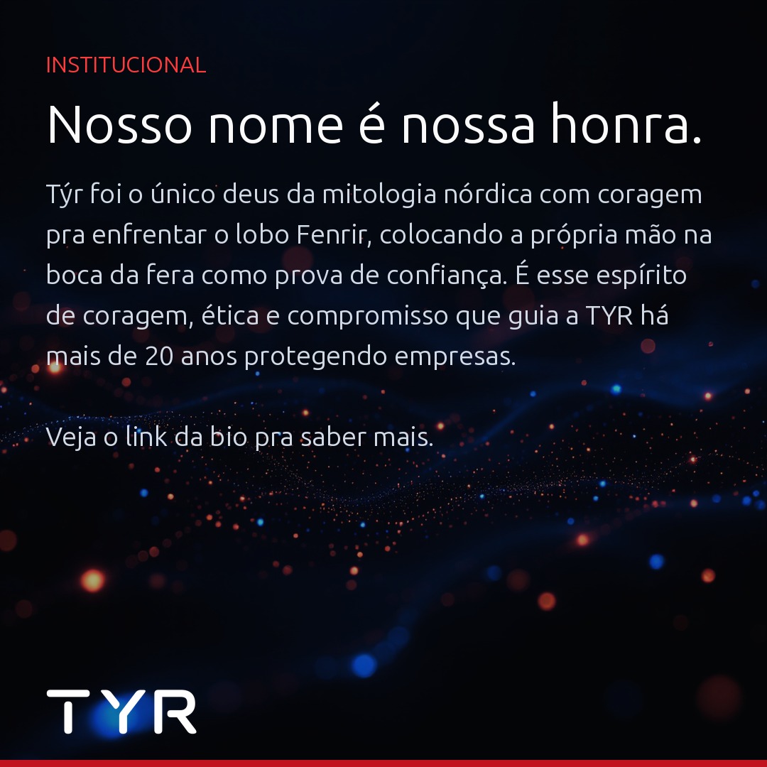 tyr_iT's tweet photo. Nosso nome vem do deus nórdico Týr, símbolo de coragem e sacrifício pelo bem coletivo. É esse espírito que guia como protegemos seu negócio há mais de 20 anos. Saiba mais: https://t.co/erwmjpv5UT #Cibersegurança #TYR https://t.co/FMN93RJhbR