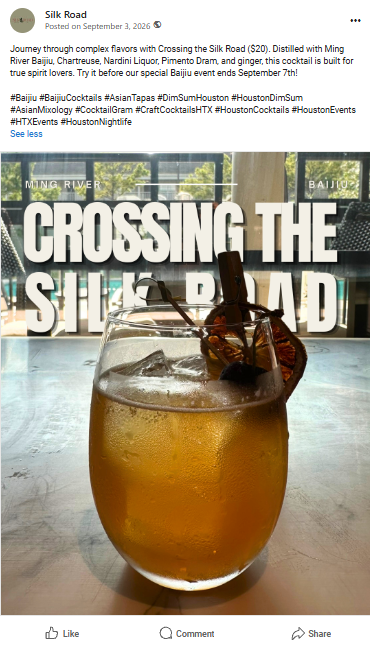 SilkRoadHTX's tweet photo. Journey through complex flavors with Crossing the Silk Road ($20)—crafted with Ming River Baijiu, Chartreuse, Nardini, Pimento Dram &amp; ginger. Try it before our Baijiu showcase ends Sept 7! #BaijiuCocktails #SilkRoadHTX #HoustonCocktails #CraftCocktailsHTX #HTXEvents https://t.co/mq7covO9VT