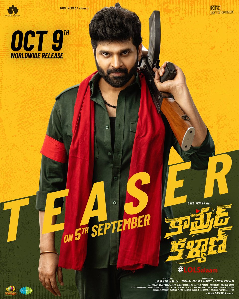 svmpictures's tweet photo. A fun tease from Kalyan before the laughter blast 😆💥

#ComradeKalyan Teaser Out On September 5th 🤩

IN WORLDWIDE THEATERS FROM OCTOBER 9TH ❤️‍🔥

#LOLSalaam

@sreevishnuoffl @Mahima_Nambiar @realradikaa @konavenkat99 #JanakiRamMarella @VijaiBulganin @bhaskarabhatla @NanduSavirigana #SaiSriram #VenkataKrishnaKarnati @ChotaKPrasad #SeethaKarnati @svmpictures @KonaFilmCorp @saregamasouth @MangoMassMedia