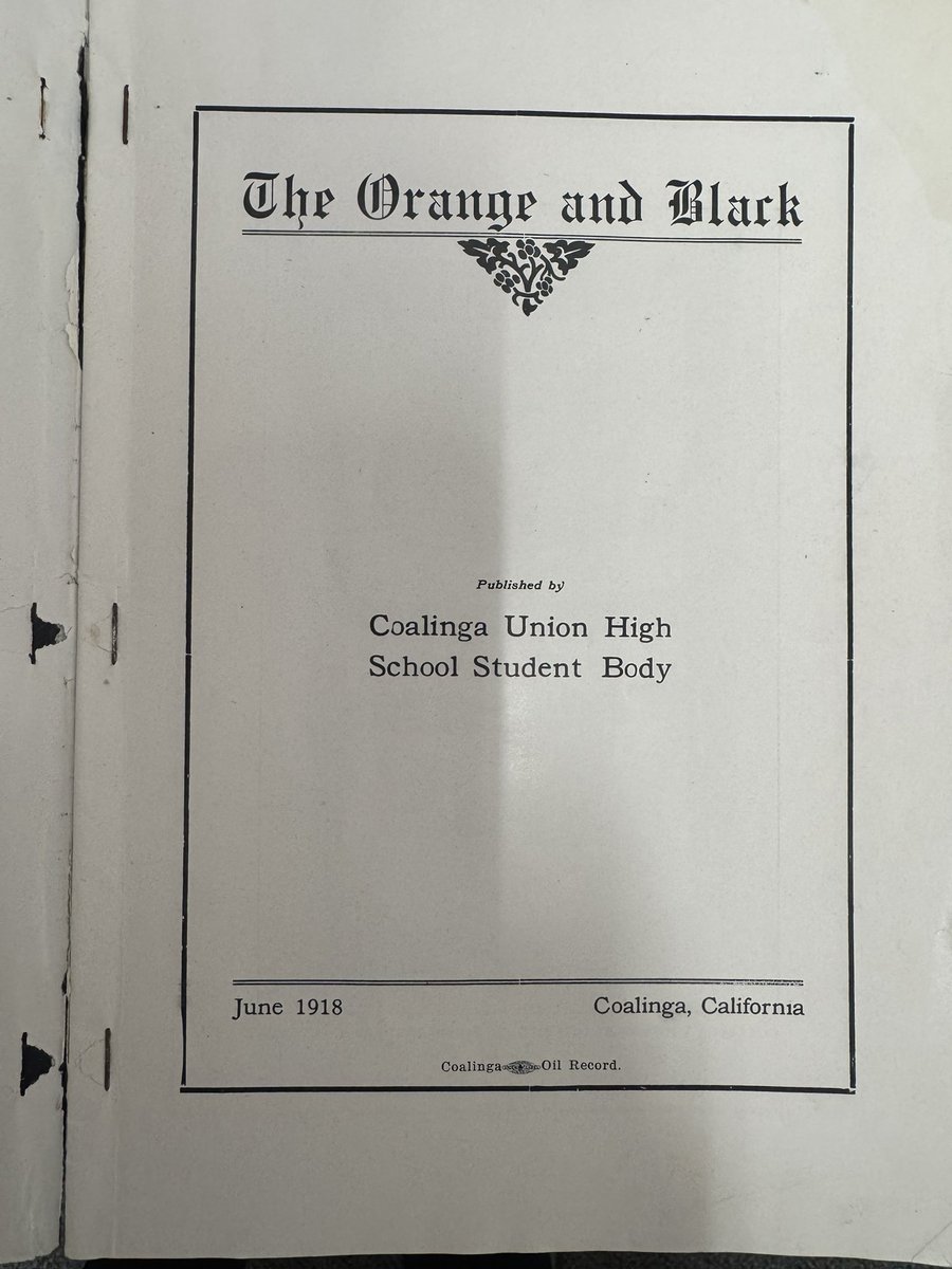 chstoads's tweet photo. THROWBACK THURSDAY: Take a dive into the 1918 Orange and Black Coalinga High School Yearbook. From pre Photo Shop designs to nostalgic Senior Pictures, the yearbook was full of #ToadPRIDE https://t.co/4aAy32VdyF