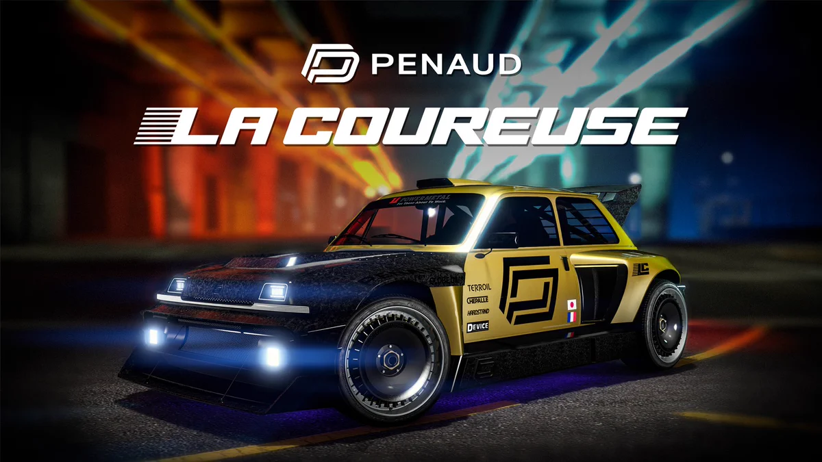 Poster for a gold and black, two-door Penaud La Coureuse car. 