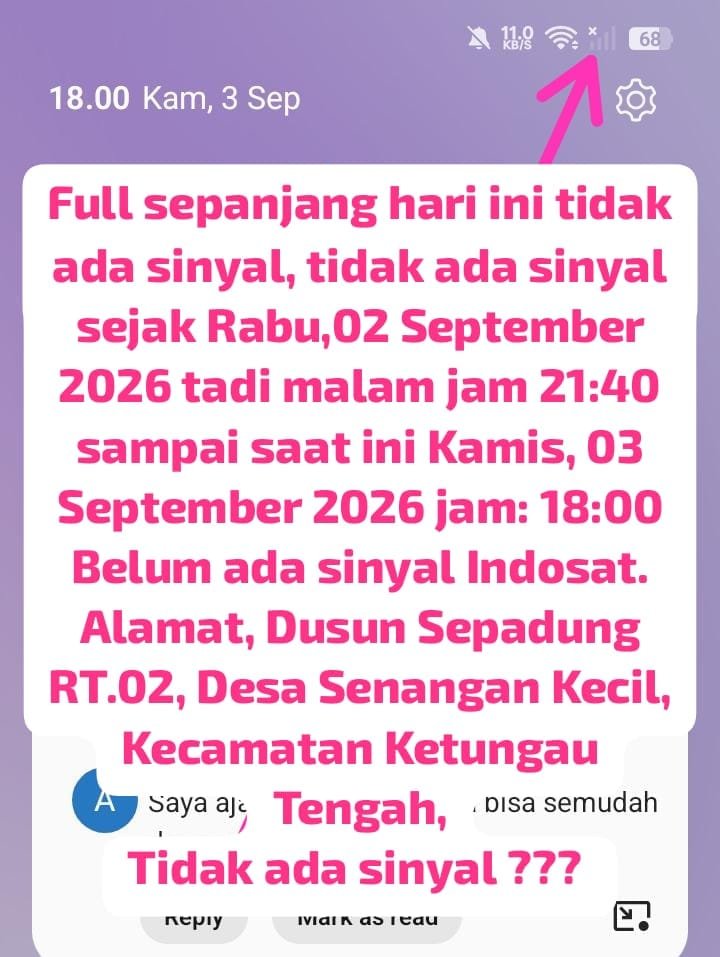IlimHarianto's tweet photo. @CareIM3 Full sepanjang hari ini tidak ada sinyal, tidak ada sinyal sejak Rabu,02 September 2026 tadi malam jam 21:40 sampai saat ini Kamis, 03 September 2026 jam: 21:35 Belum ada sinyal Indosat.LUAR BIASA!!!! https://t.co/m8Wg0eWYMU