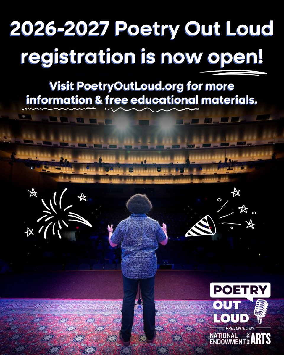 NEAarts's tweet photo. Poetry Out Loud is BACK for the 2026-2027 school year!  

Make sure your school/org registers for this FREE arts education program &amp; recitation competition for high schoolers! 🎙✨

Find your state coordinator: https://t.co/yp67NLHPRM https://t.co/gUR2htL0wY