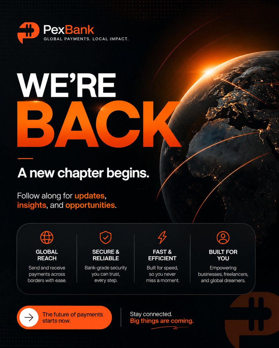 pexbank's tweet photo. Weβre back. π
Payments have evolved. So have we.
Pex Bank is making cross-border payments simpler, faster, and more accessible.
Follow us for insights, updates, and opportunities shaping global payments.
#PexBank #GlobalPayments #Fintech https://t.co/rNAZUSxmk2