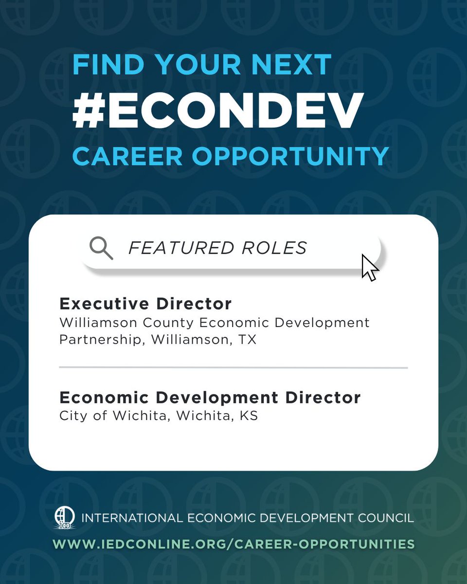 IEDCtweets's tweet photo. Explore the latest #EconDev career opportunities from organizations across the country!  

Executive Director, Williamson County Economic Development Partnership: https://t.co/MsMhFjvmy9 

Economic Development Director, @CityofWichita: https://t.co/pgySoVn4DA https://t.co/z693Rca8ng