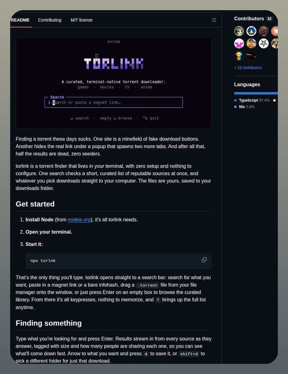 tom_doerr's tweet photo. Terminal-native torrent finder with zero setup that checks a curated list of reputable sources at once

https://t.co/mRfPqOJNdn https://t.co/Sj4tZ8Bb8U