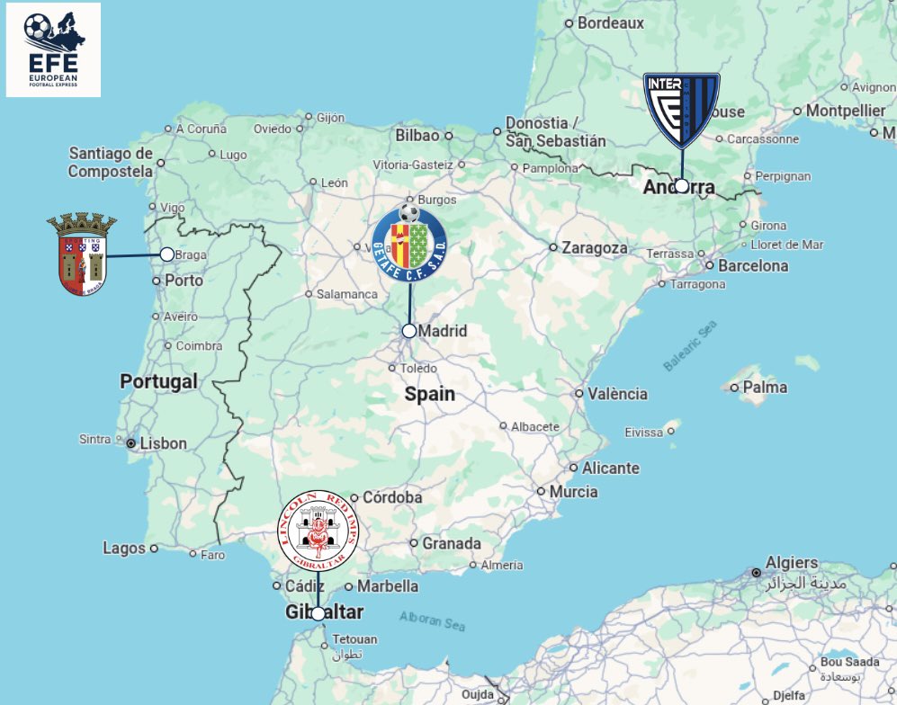 TheEuroFE's tweet photo. It’s a fantastic League Phase of the UEFA Conference League for the Iberian Peninsula as all four nations who are fully on the Peninsula will be represented!

That includes the Micro-states of Andorra and Gibralta:

🇦🇩 Inter Club d'Escaldes
🇬🇮 Lincoln Red Imps
🇵🇹 Braga
🇪🇸 Getafe https://t.co/naaABbK2Ck