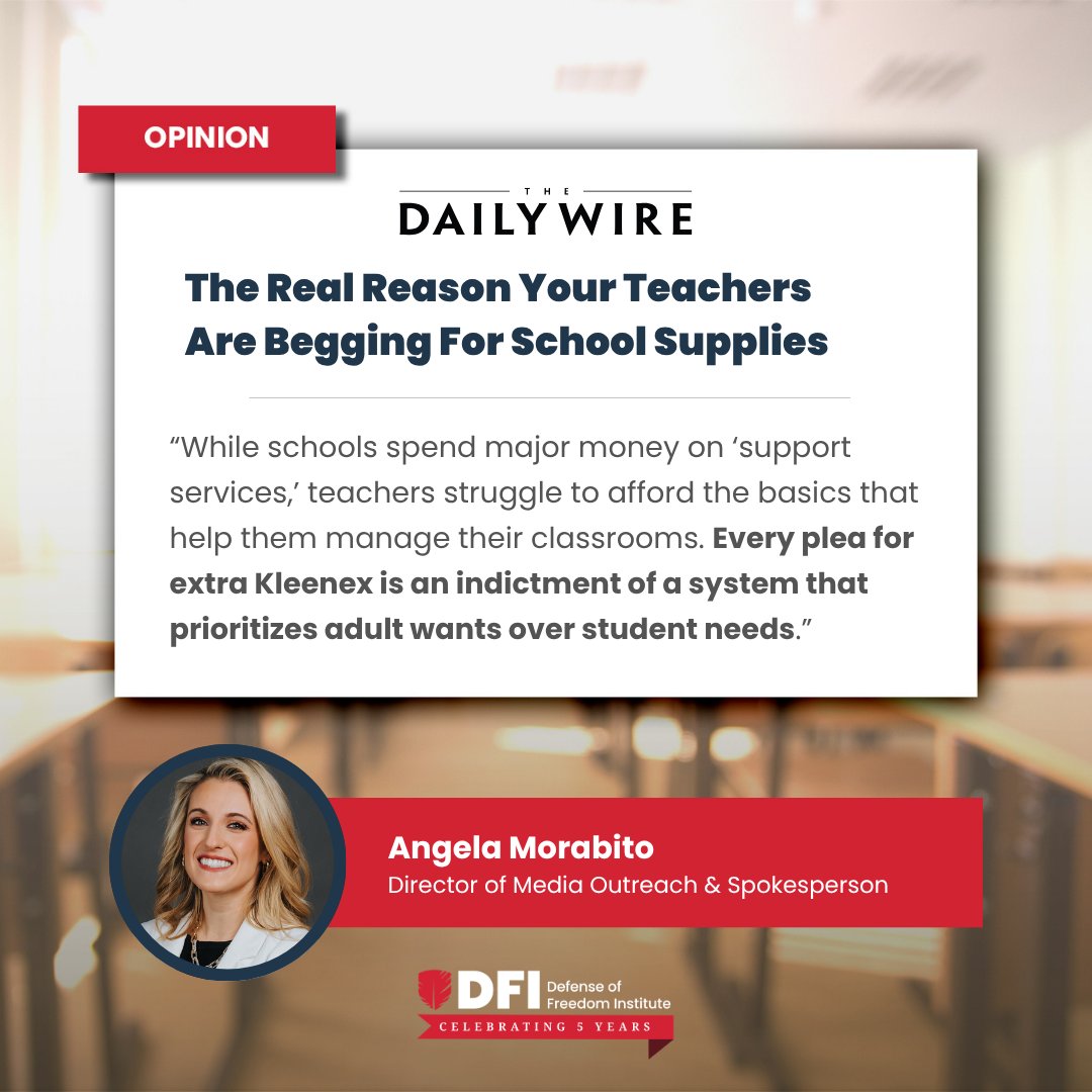 DFIPolicy's tweet photo. The average school district spends more than $300,000 per classroom per year. Why, then, are teachers having to beg for - or pay for - basic school supplies? DFI's @AngelaLMorabito unpacks the back-to-school scramble in the @realDailyWire. https://t.co/fCViWcp4WD