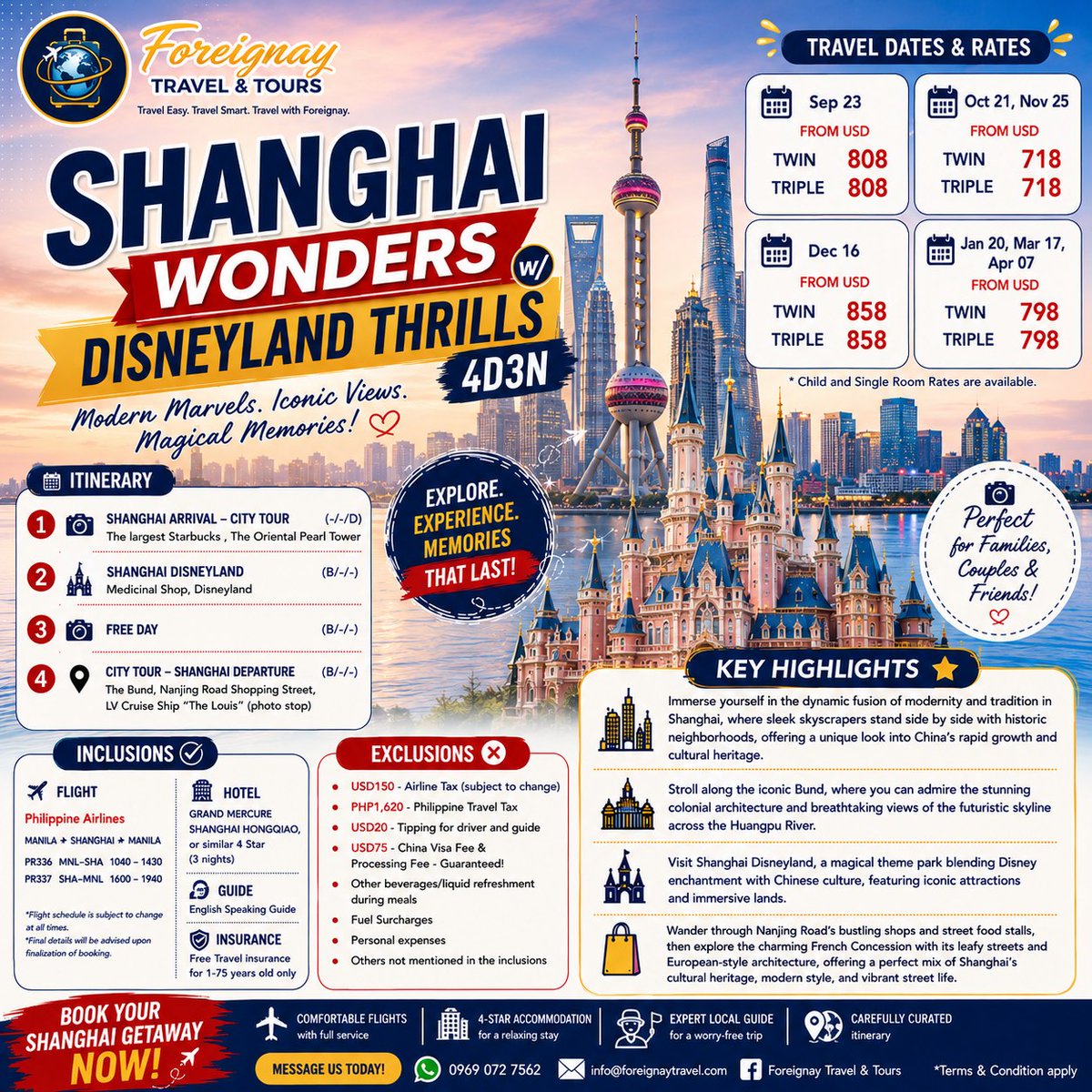 ElodiaDrapeeof's tweet photo. Shanghai Wonders + Disneyland Thrills! 4D3N getaway from USD 718/pax. Explore the city, Oriental Pearl Tower, Disneyland, The Bund, Nanjing Road, and more. Includes flights, 4-star hotel, guide, and travel insurance. https://t.co/UUIA8wBCpb