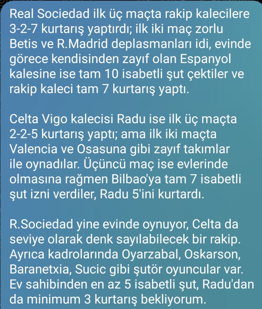 fut_bas1's tweet photo. FUT-10

Sadece bu maç özelinde değil, ev sahibinin baskın oynayacağı böyle deplasmanlarda deplasman kalecisine açılan 3 kurtarış baremi gayet makul. 

Real Sociedad 60. dakikaya kadar falan iki farklı öne geçmez ise gelmesini beklediğim bir tercih. Orta-Yüksek güven. https://t.co/BEVS9Is4fs