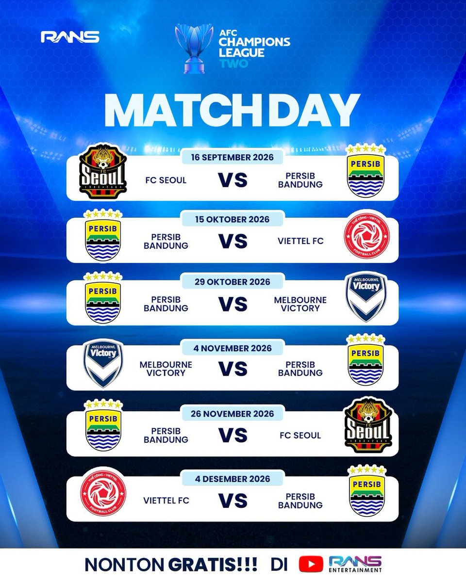 TimnasXtra's tweet photo. 🚨 OFFICIAL: All of Persib Bandung's group stage matches in the ACL Two will be broadcast FREE by RANS Entertainment on YouTube. 🐯💙