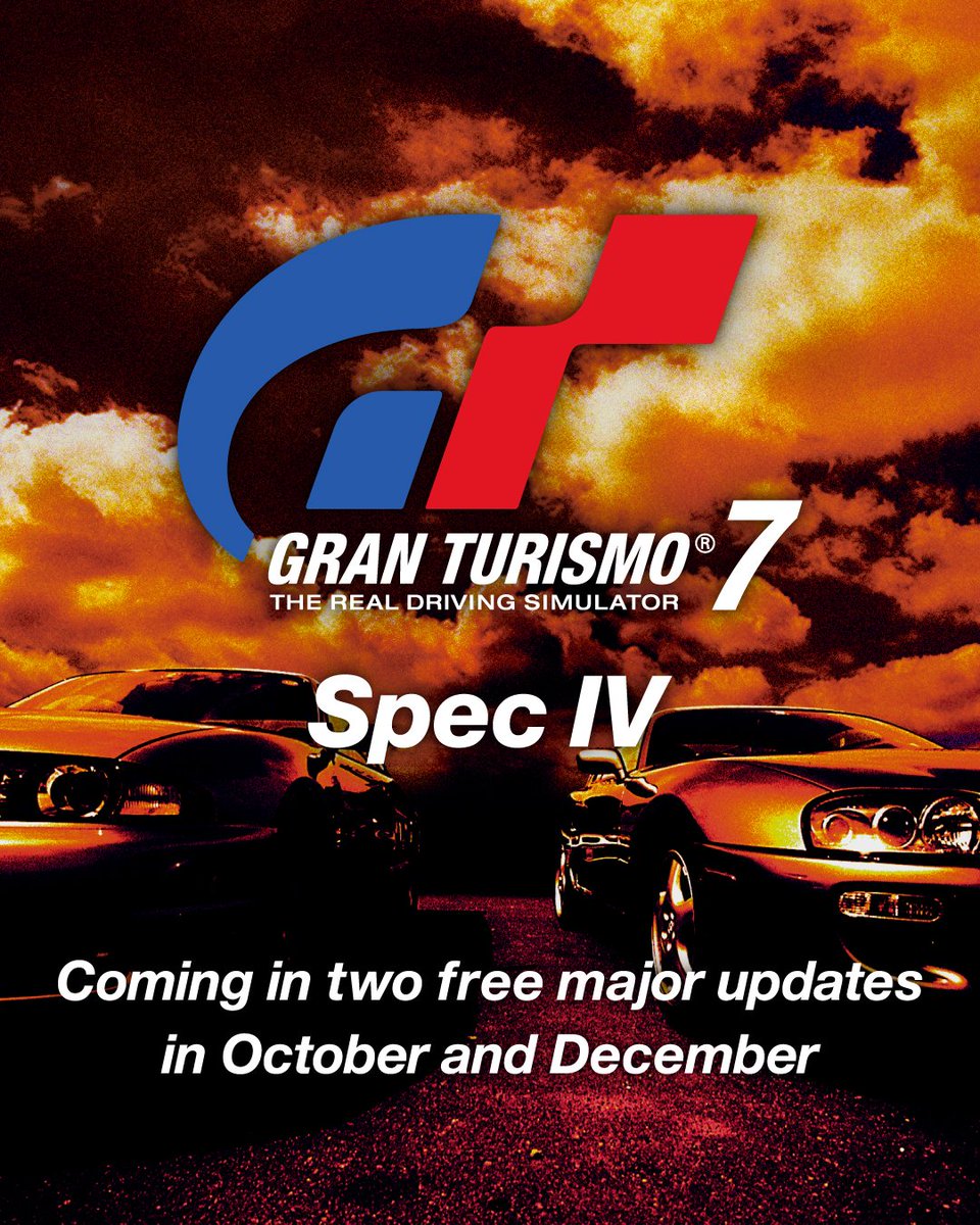 thegranturismo's tweet photo. Announcing the Spec IV update!

Spec IV will be released across two free major updates in October and December 2026.

New features will include the Sportsland SUGO and Autumn Ring tracks, 12 new cars and Family mode.

Details below👇
https://t.co/cx61nm6GtU

#GT7 #GranTurismo