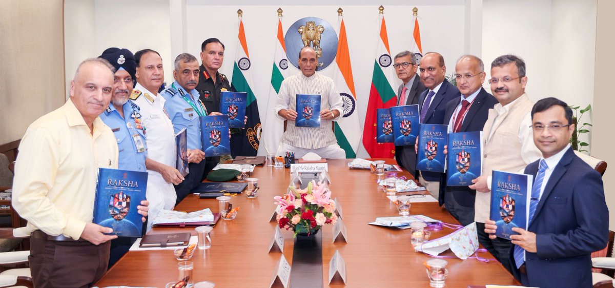 DefProdnIndia's tweet photo. Defence Diplomacy Document - RAKSHA unvelied

Raksha Mantri Shri Rajnath Singh released 'RAKSHA' document on defence diplomacy, 3rd September 2026 in New Delhi. The comprehensive document outlines India's strategic roadmap and vision for global defence partnership over the next 10 years.

The document marks a shift in India's strategic engagement, aligning national security objectives with proactive global cooperation. The strategic blueprint include among various aspects Strategic Partnerships, Capacity Building, Indigenous Exports and Maritime security.

Chief of the Army Staff General Dhiraj Seth; Defence Secretary Shri Rajesh Kumar Singh; Secretary Defence Production Shri Sanjeev Kumar and other senior officers were present on the occasion.

Details: https://t.co/8FeUzTgUoi

#RAKSHA #DefenceDiplomacy #NationalSecurity #MaritimeSecurity