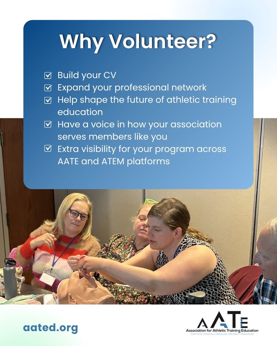AssocATEdu's tweet photo. AATE should really… 👀
Finish the sentence, then help shape what comes next.
Bring your ideas to the table, build connections and have a voice in AATE’s priorities.
Explore opportunities: https://t.co/ZABRavd60J
#AATE #AthleticTraining #ATeducation https://t.co/oecpQdeJx8