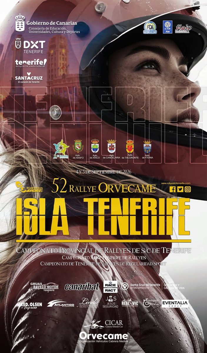 deportesctfe's tweet photo. 🏁 Santa Cruz vuelve a ser protagonista del Rallye Orvecame Isla Tenerife

‼️ IMPORTANTE: La celebración de la prueba automovilística supondrá modificaciones en la circulación y los estacionamientos en distintos puntos de la capital

🔗 https://t.co/satRZ1LYtH

#SantaCruzEntrena https://t.co/NqkTwKaOvd