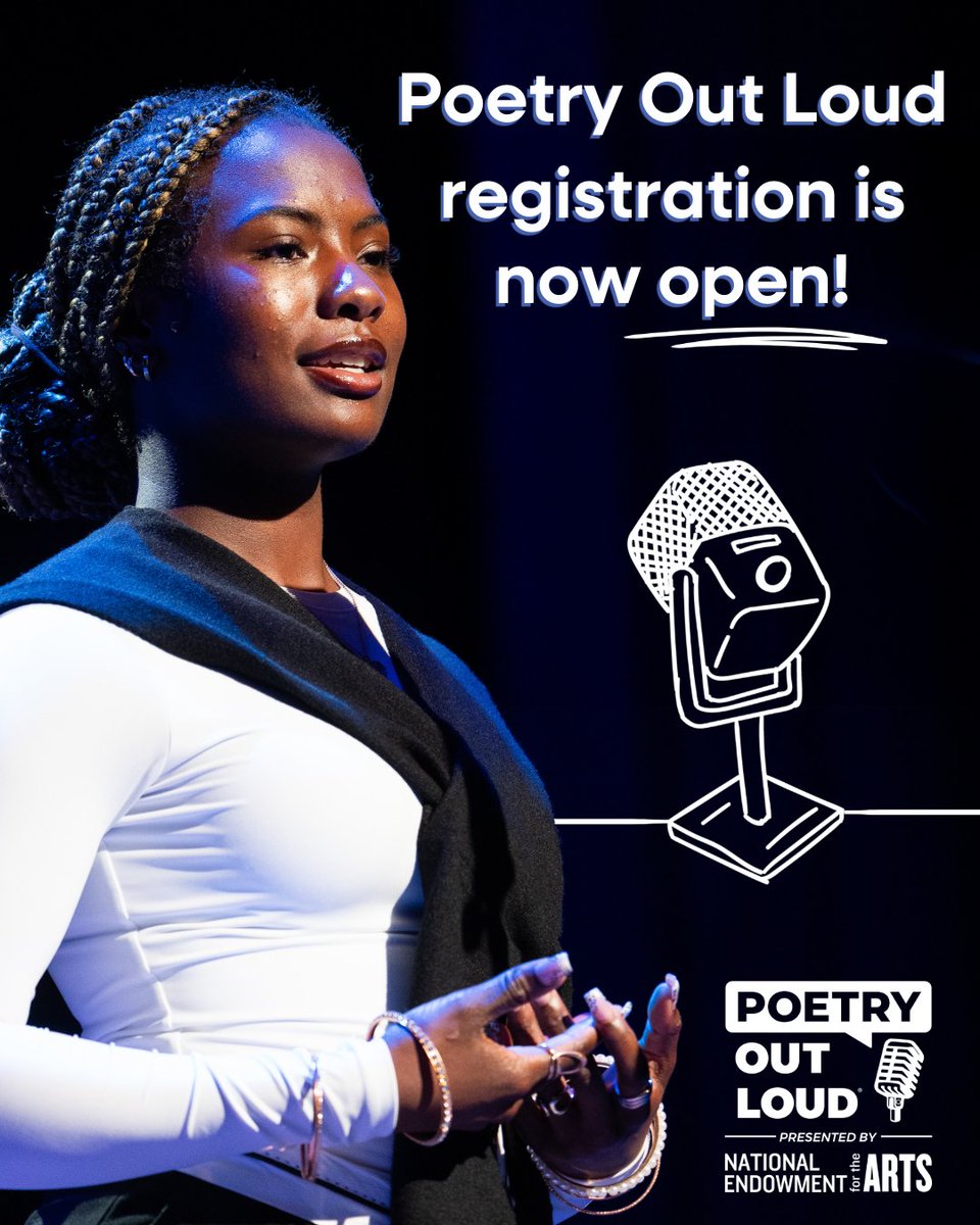NEAarts's tweet photo. Poetry Out Loud is BACK for the 2026-2027 school year!

Make sure your school/org registers for this FREE arts education program &amp; recitation competition for high schoolers! 🎙✨

Find your state coordinator: https://t.co/yp67NLInHk https://t.co/Zl0huZI8z6
