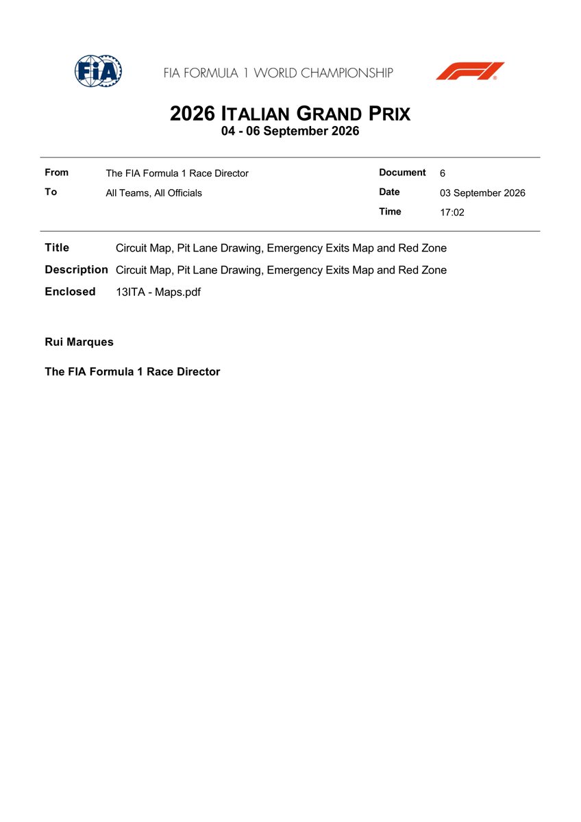 fiadocsbot's tweet photo. New document: Doc 6 - Competition Notes - Circuit Map, Pit Lane Drawing, Emergency Exits Map and Red Zone
Published on 03.09.26 17:04 CET

(1/2)
#F1 #Formula1 #FIA #ItalianGP 🇮🇹 https://t.co/0V7Lywyh86