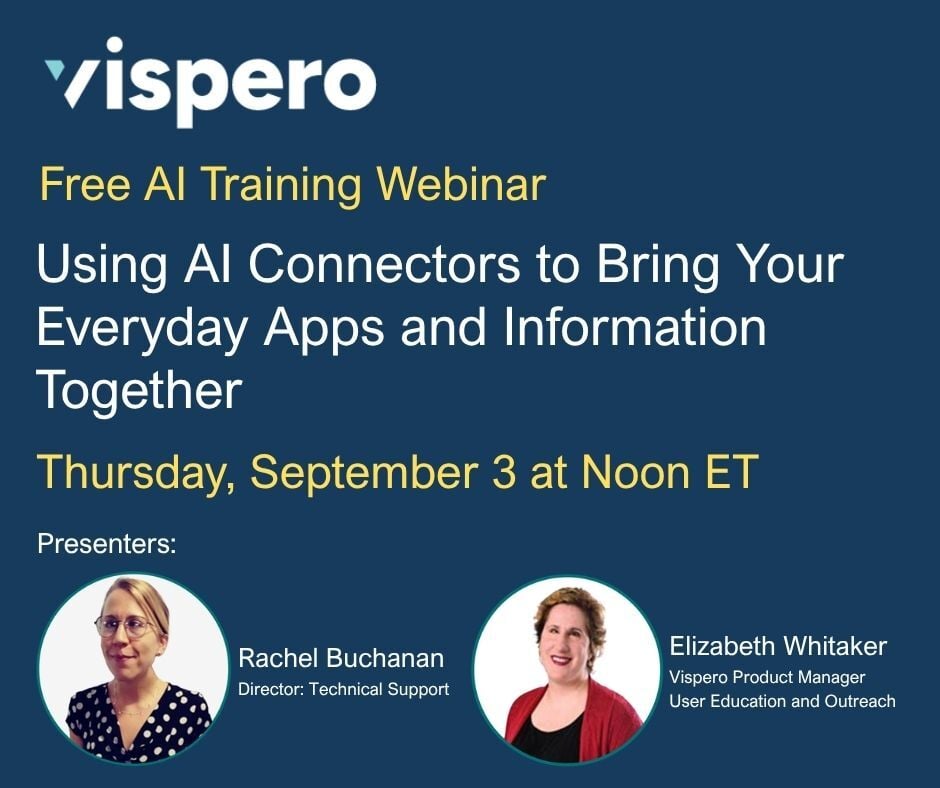 Vispero_HQ's tweet photo. Join us in one hour for a live webinar and learn how AI Connectors can help you locate information across connected apps, summarize emails and meeting information in seconds, and much more.

ACVREP credits are available for those who attend the live webinar.

Register here: https://t.co/Y8Z3Xncy6C

#JAWS #ScreenReader #VisperoTraining #ACVREP