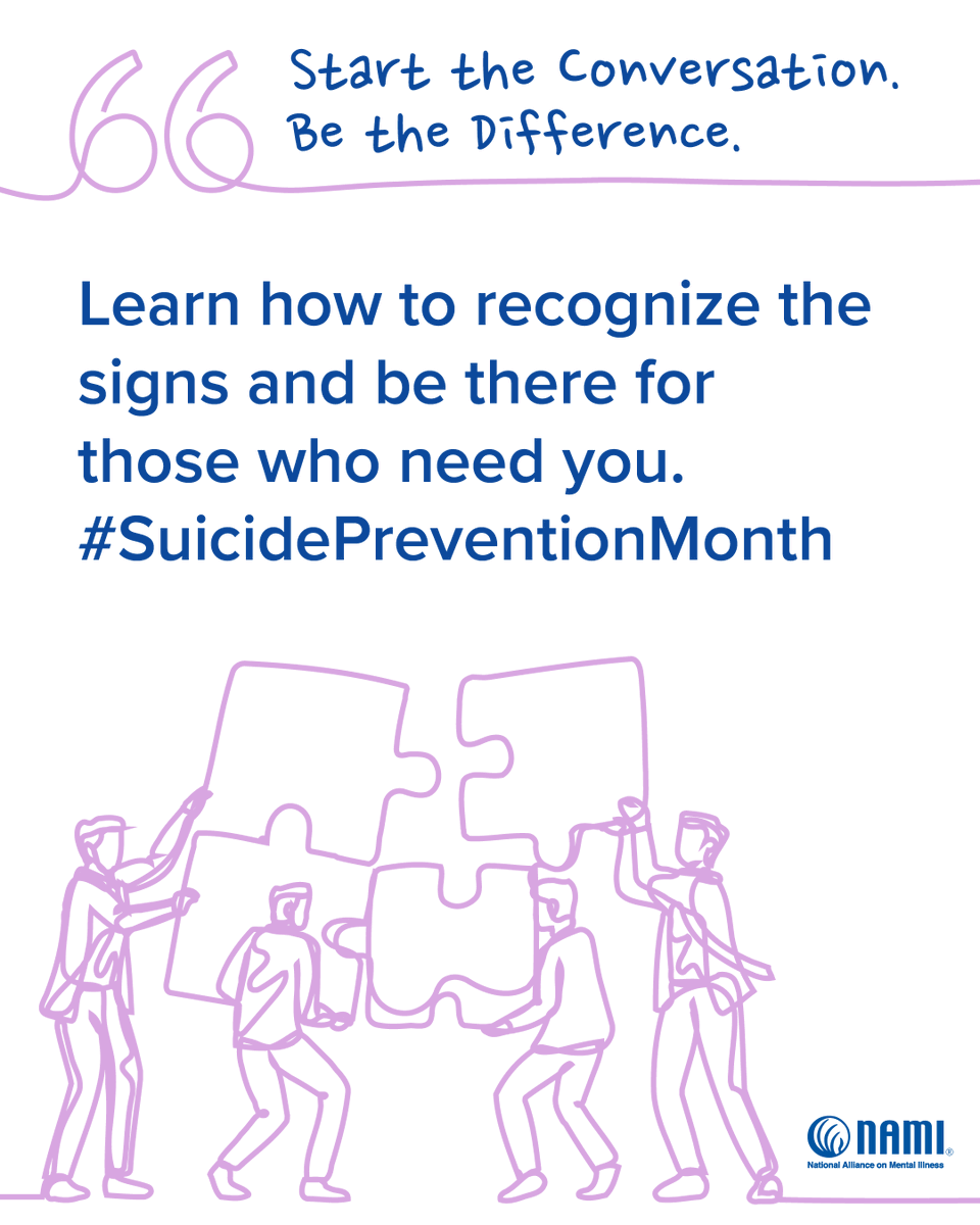 NAMICommunicate's tweet photo. Knowing what to look for can help save a life.

Withdrawing from loved ones, changes in sleep, increased aggression, reckless behavior, or extreme mood swings can be warning signs that someone may be struggling or thinking about suicide.

Recognize the signs. Reach out. Listen without judgment. Remind them they’re not alone. 💜  

Talking about suicide isn’t harmful. Silence is.

Start a conversation. Be the difference. Find more resources at https://t.co/f7Rq6jMKzb.

#SuicidePreventionMonth
