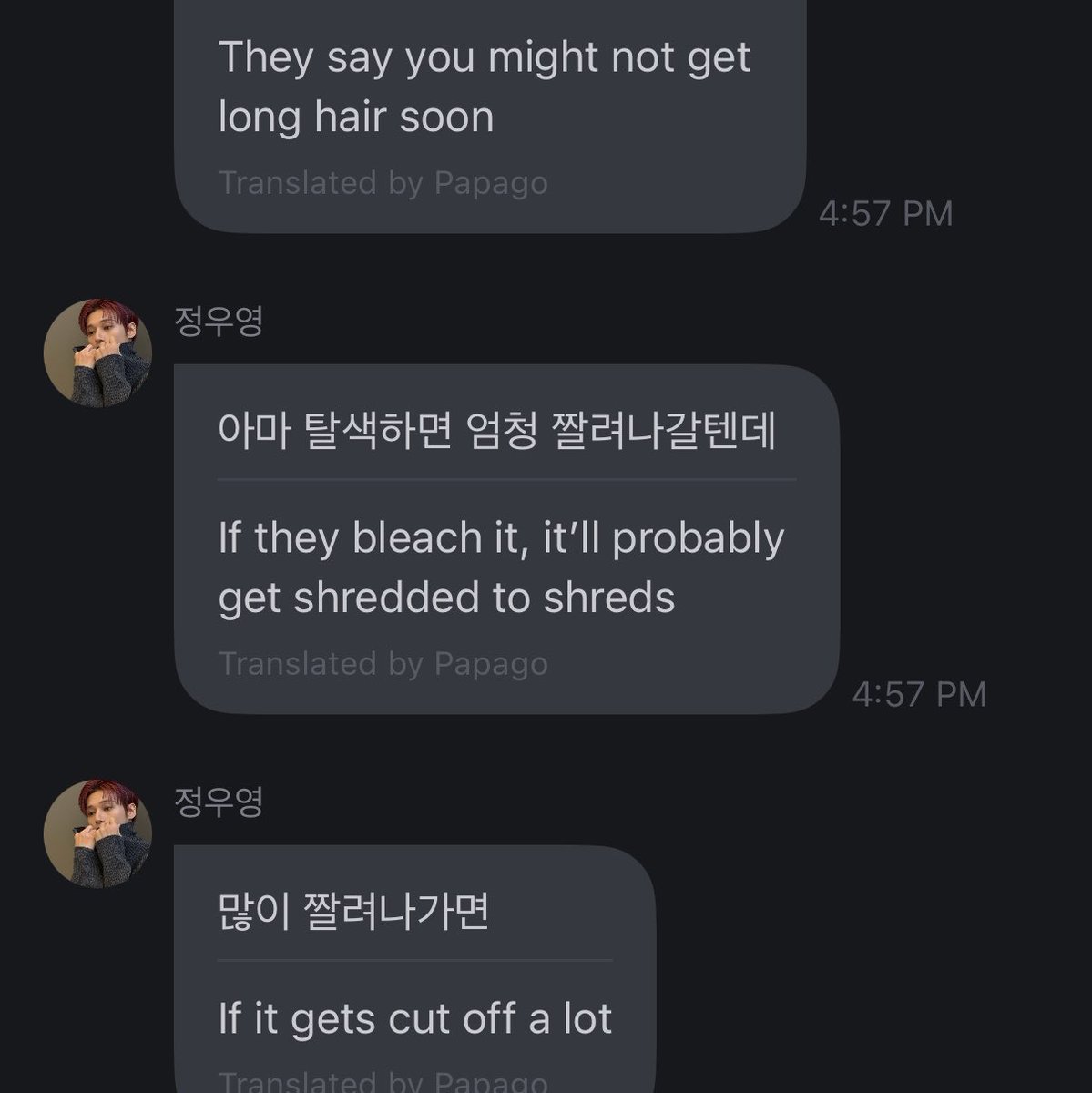 W00LOOKS's tweet photo. we won’t get blond wifeyoung 😭
the bleach will be too aggressive on his hair so it might get shred so we will get blondyoung with short hair.. meaning he will cut his hair in the near future 😭😭😭 https://t.co/UaOgjCb0jZ