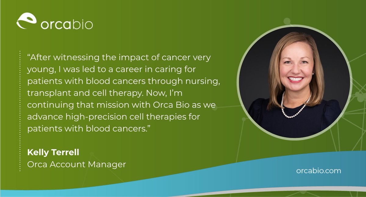 OrcaBio's tweet photo. This #BloodCancerAwarenessMonth, we’re reminded that behind every statistic is a patient, a family and a story. 

We’re spotlighting Kelly Terell, Orca Account Manager at Orca Bio, whose connection to this mission is deeply personal. After seeing a family member pass away from lymphoma when she was young, Kelly was led to a career in nursing and later cell and gene therapy.  

That experience continues to shape her work today as she helps inform treatment centers of Orca Bio’s recent FDA approved high-precision cell therapy.  

Thank you, Kelly, for your commitment to advancing high-precision cell therapies for patients with blood cancers.  

Learn more:  
https://t.co/71YGd92avm 

#EmployeeSpotlight #Oncology #Hematology #CellTherapy