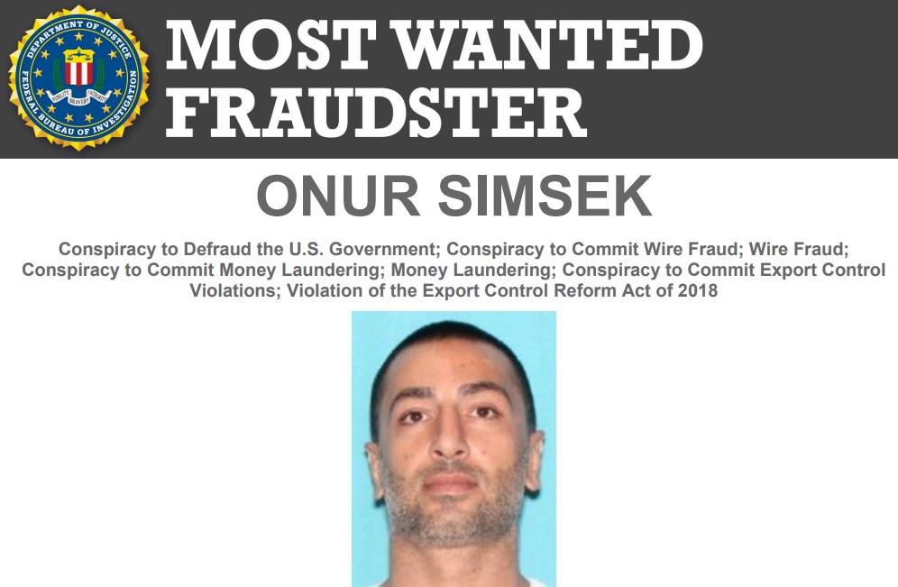 FBIMostWanted's tweet photo. The #FBI has added Onur Simsek to its Most Wanted Fraudsters List.  He is #wanted for his alleged involvement in a defense procurement fraud scheme to win contracts to supply critical military components to the US Military.  A reward of up to $150,000 is offered for information leading to his arrest and conviction:  https://t.co/V0LFkEZ8CW