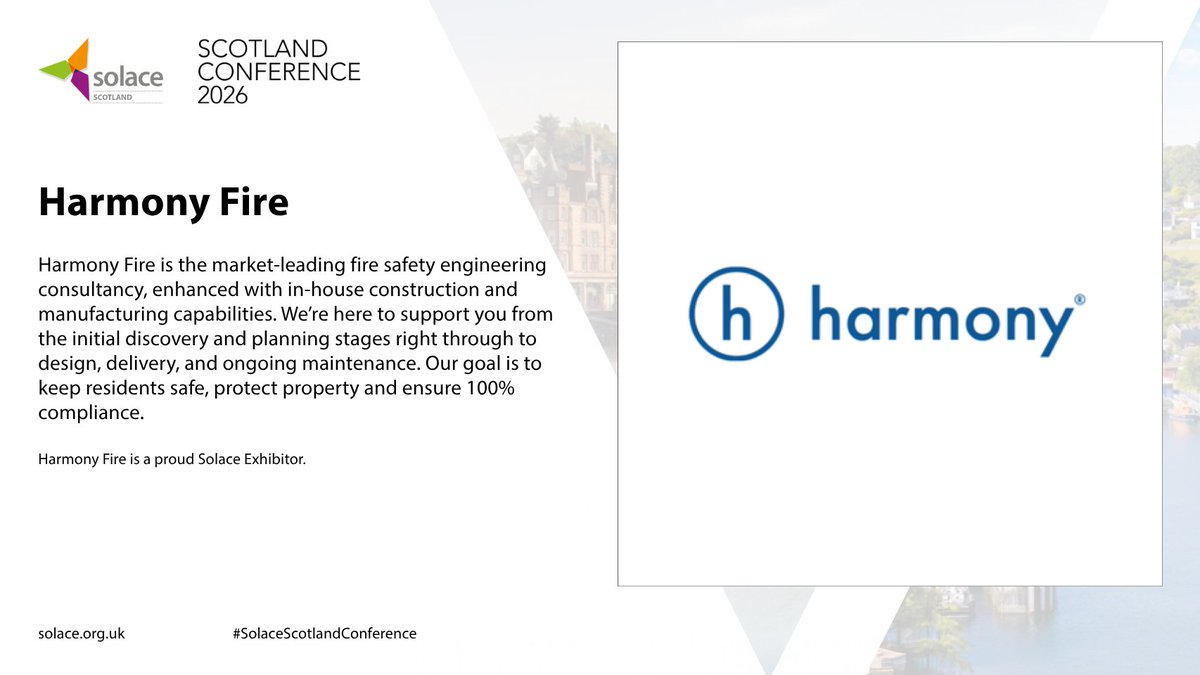 SolaceScotland's tweet photo. 🏢 Harmony Fire is exhibiting at #SolaceScotlandConference

Harmony Fire is the market-leading fire safety engineering consultancy, enhanced with in-house construction and manufacturing capabilities.

Oban,10—11 September

 https://t.co/SpLPVi7Rma

 @HarmonyFireLtd https://t.co/h69dUM0Jha