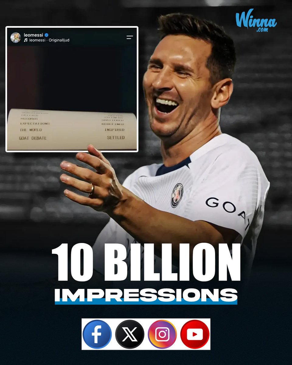 WinnaFC's tweet photo. 🚨| BREAKING: Messi's recent post "goat debate settled" has crossed 10B impressions across social media within 24 hours.😂🐐 https://t.co/QXUYFOKfqX