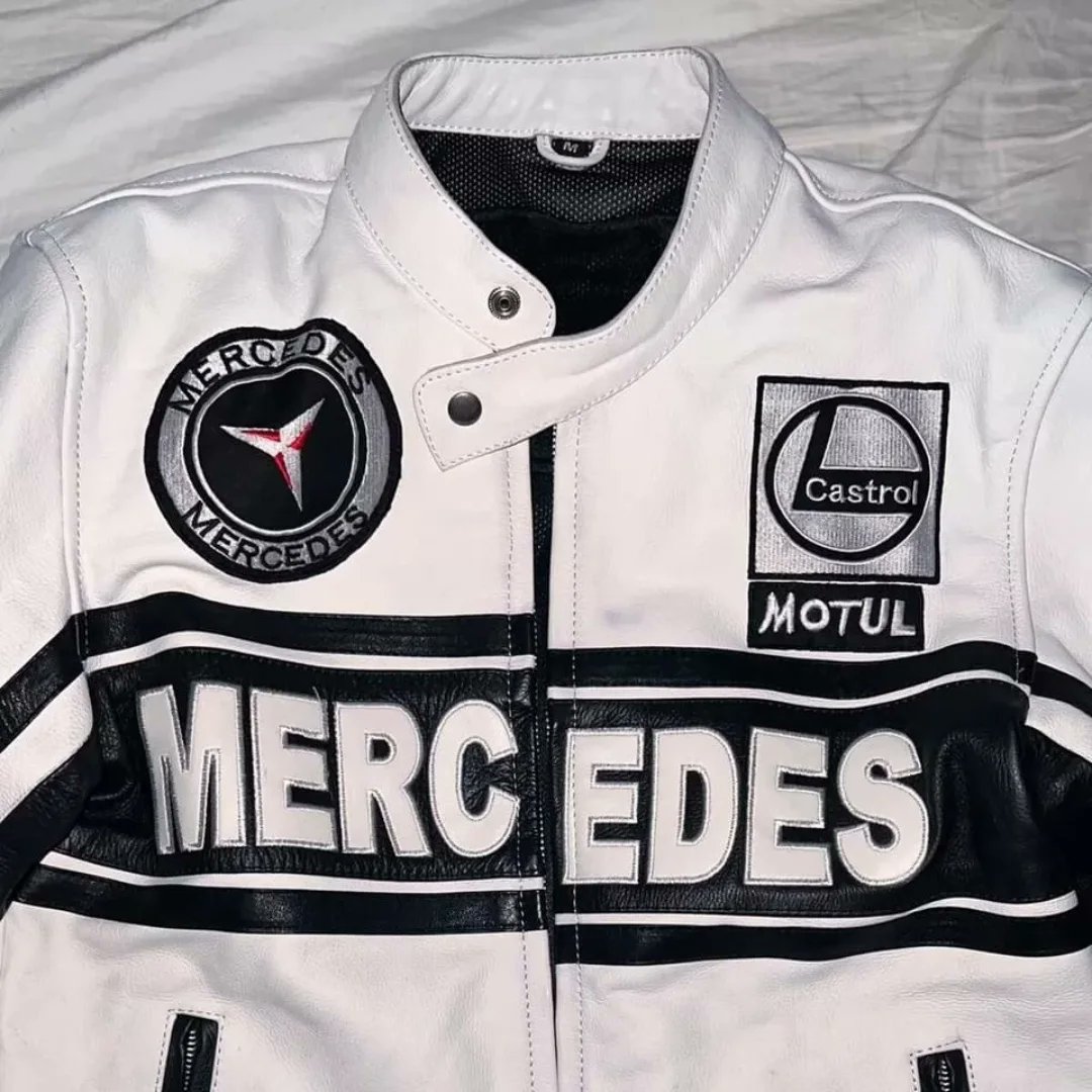 LinaBeazer's tweet photo. DM us to get your F1 leather jacket. Worldwide delivery. Mercedes Formula 1 Racing embroidered leather jacket. https://t.co/dpJG52a2CL