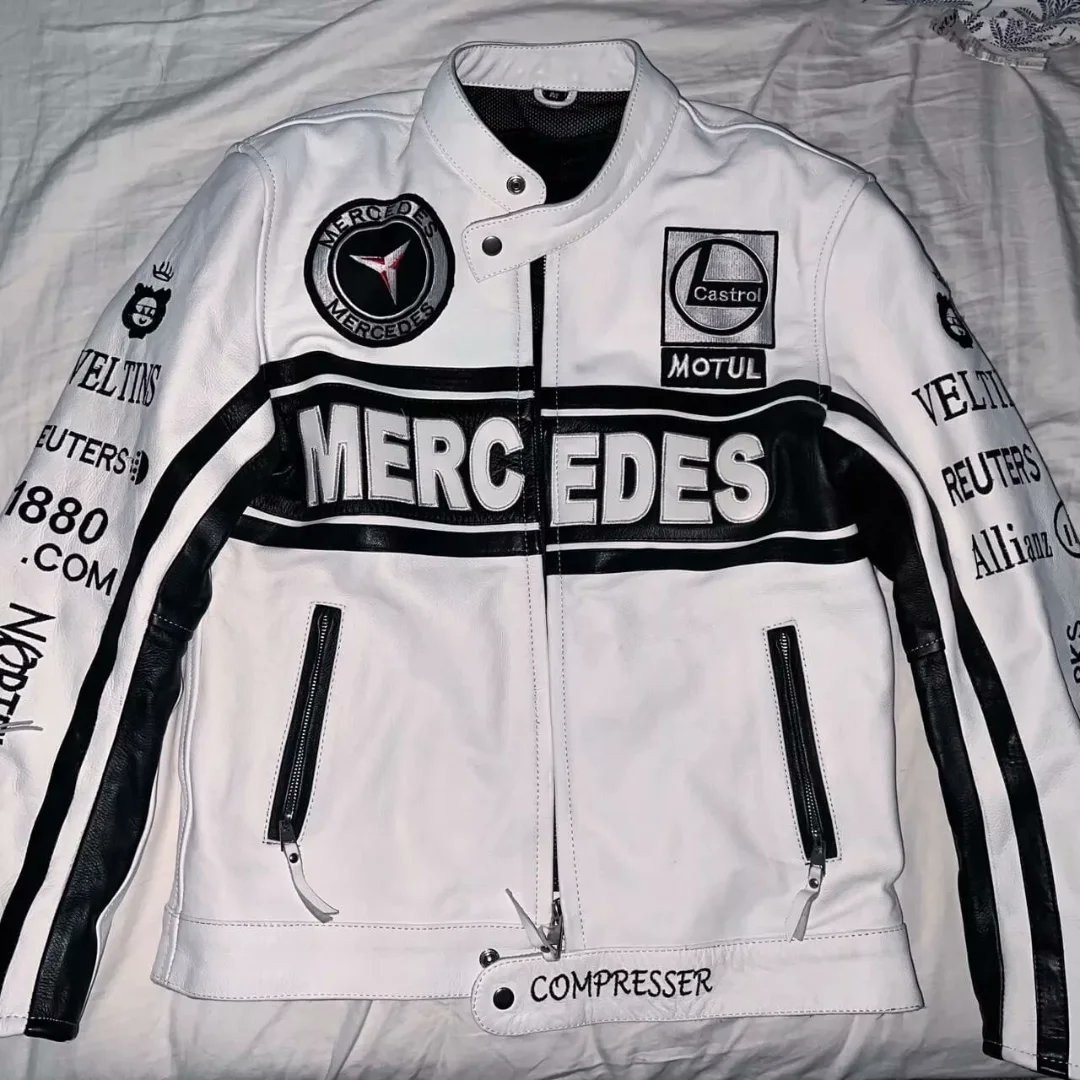 LinaBeazer's tweet photo. DM us to get your F1 leather jacket. Worldwide delivery. Mercedes Formula 1 Racing embroidered leather jacket. https://t.co/dpJG52a2CL